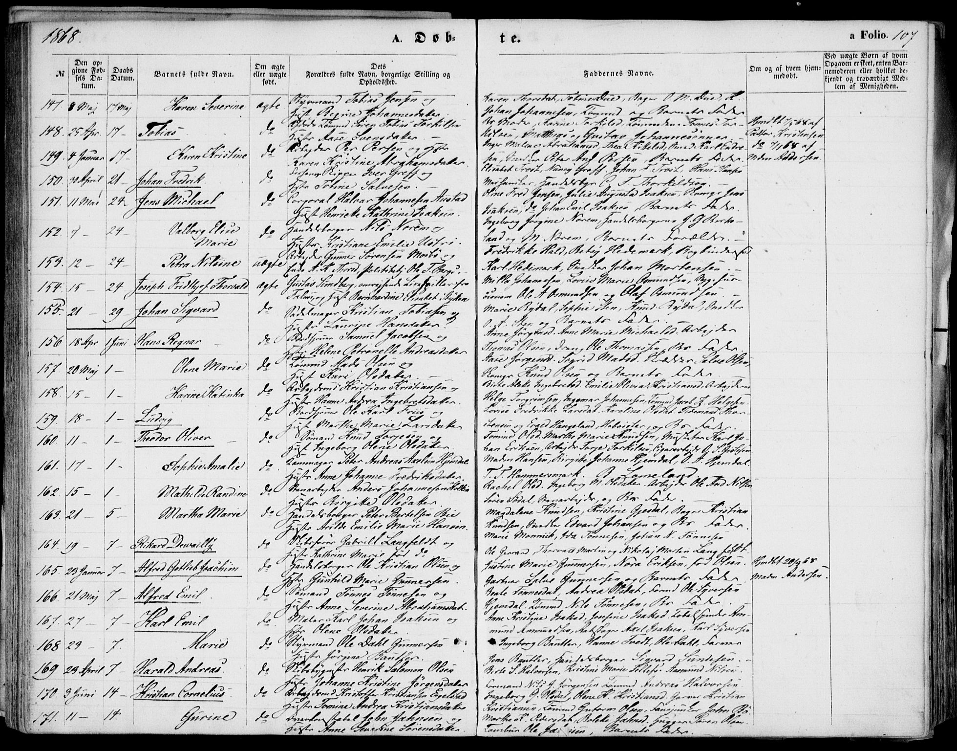 Kristiansand domprosti, SAK/1112-0006/F/Fb/L0012: Parish register (copy) no. B 12, 1861-1870, p. 107