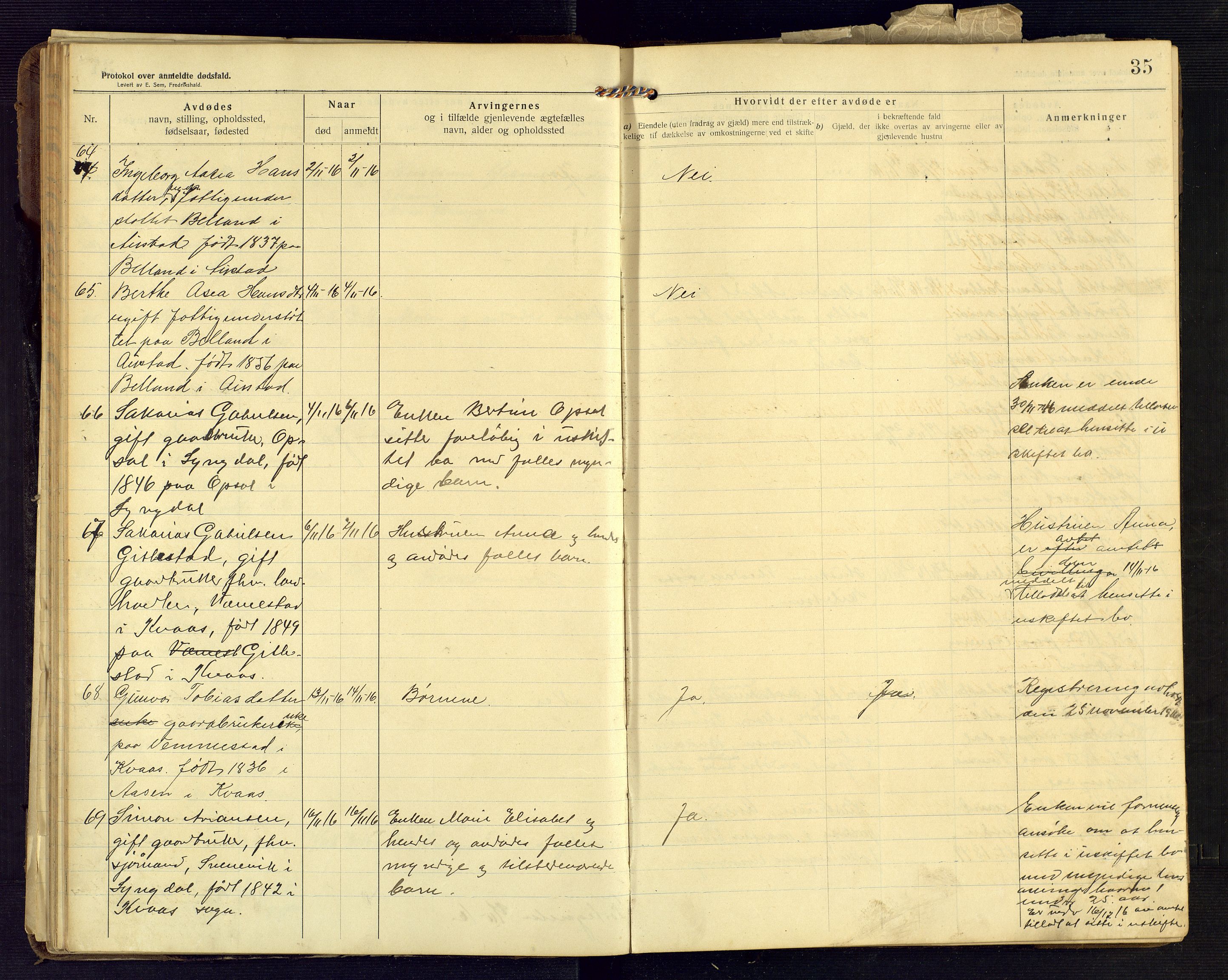 Lyngdal lensmannskontor, AV/SAK-1241-0031/F/Fe/L0001/0003: Dødsfall nr 8 / Dødsfallsprotokoll, 1914-1923, p. 35