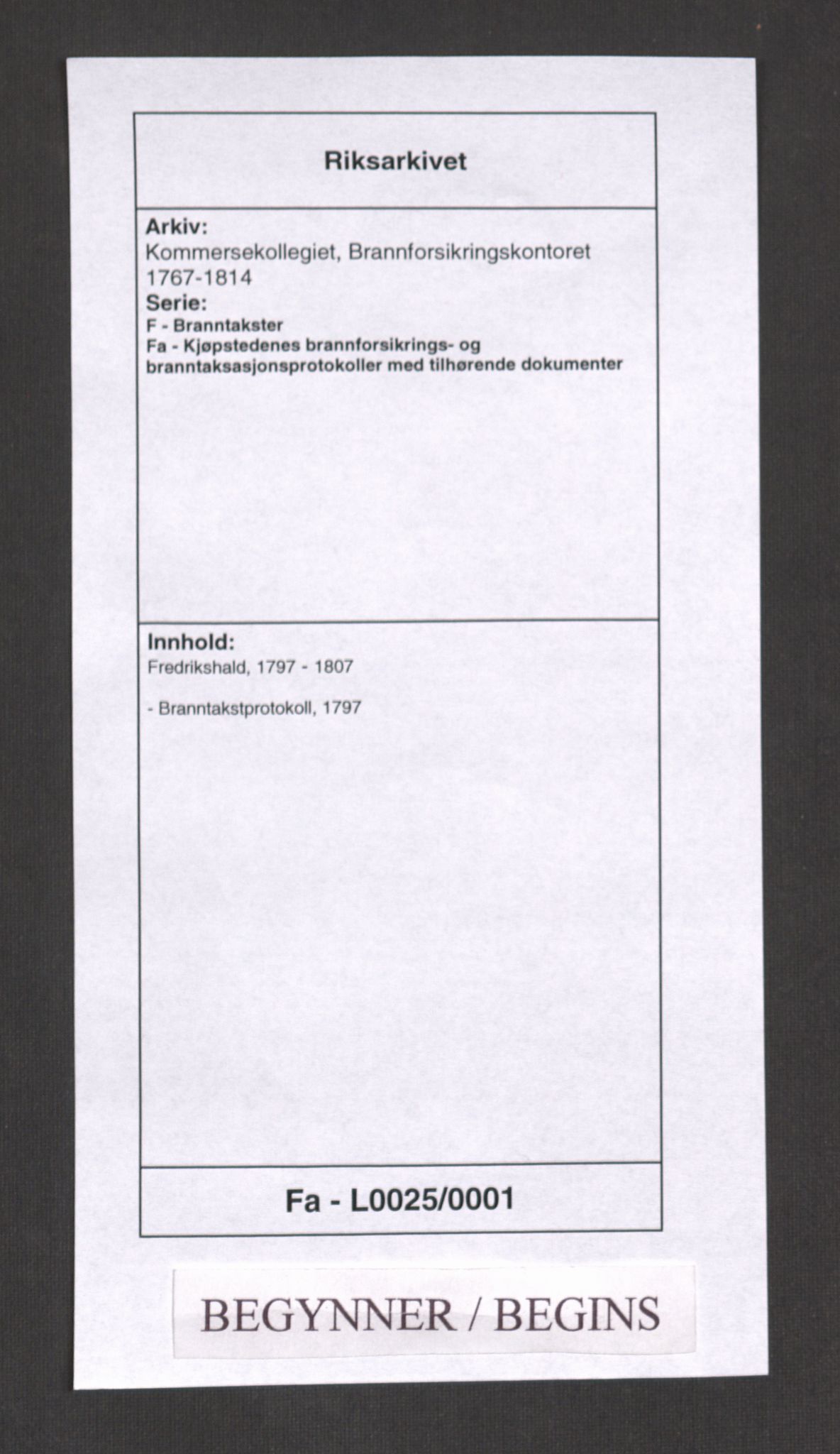 Kommersekollegiet, Brannforsikringskontoret 1767-1814, AV/RA-EA-5458/F/Fa/L0025/0001: Fredrikshald / Branntakstprotokoll, 1797