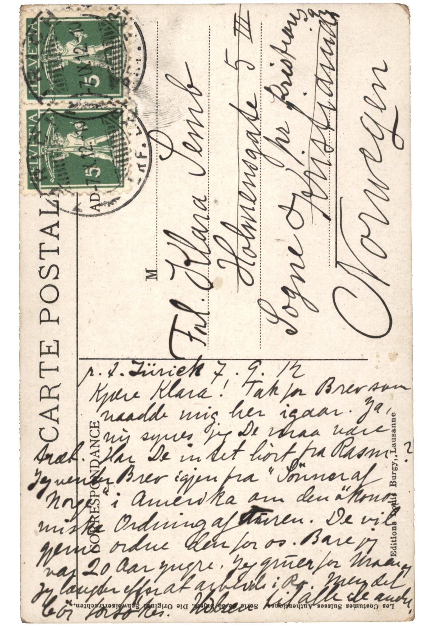 Samling etter Klara Semb, NSFF/KS/C/141: Sveitsisk postkort frå Hulda Garborg til Klara Semb, 1912