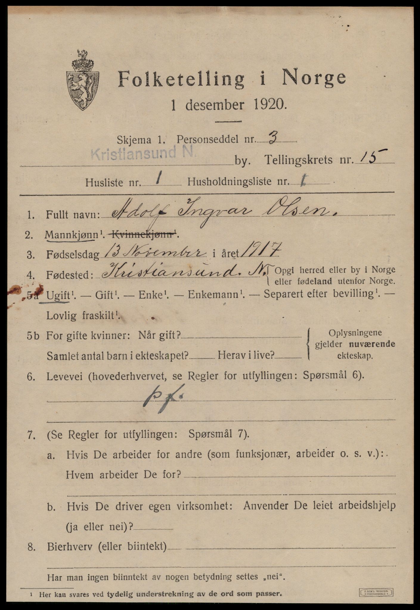 SAT, 1920 census for Kristiansund, 1920, p. 30897