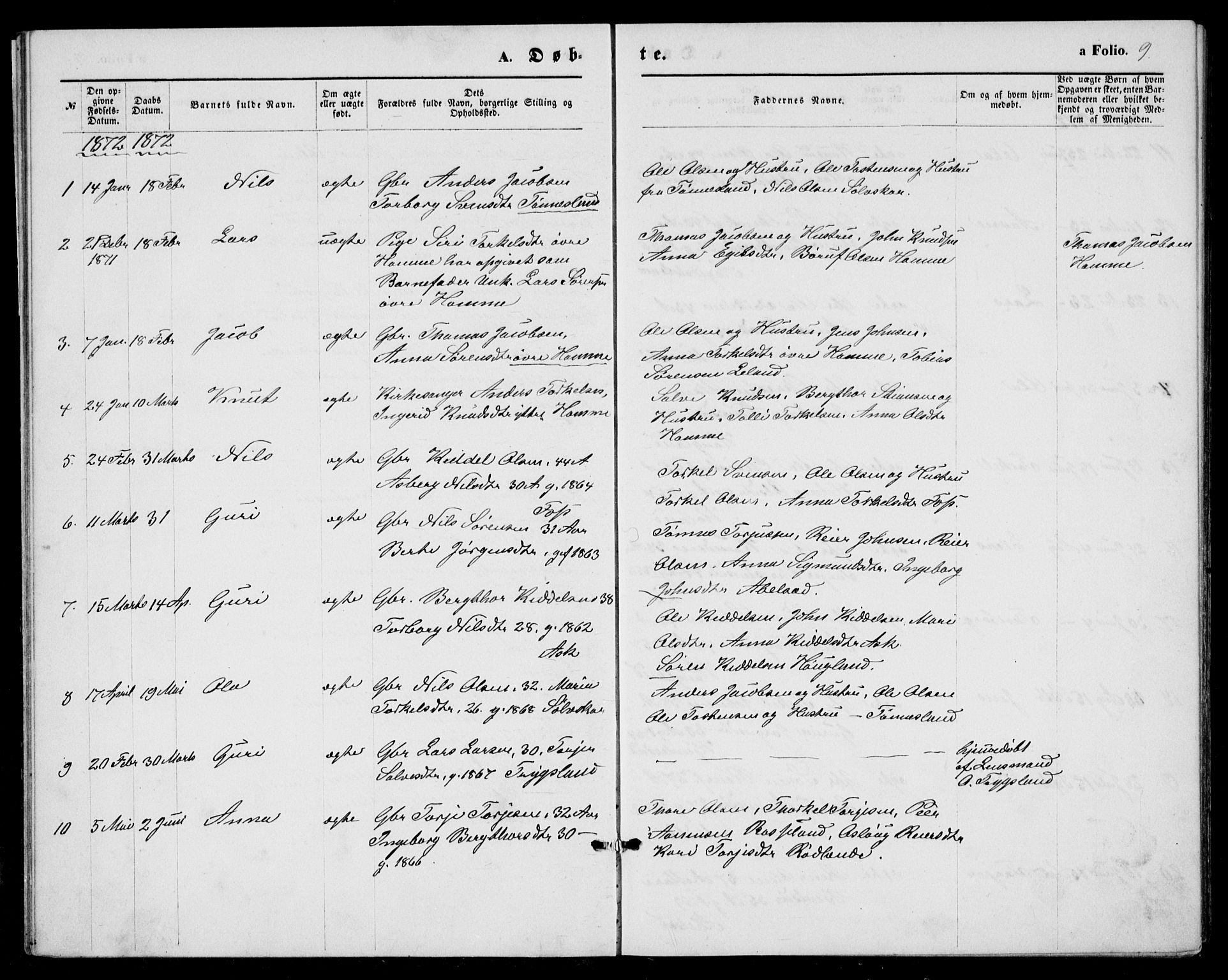 Bjelland sokneprestkontor, AV/SAK-1111-0005/F/Fb/Fba/L0004: Parish register (copy) no. B 4, 1869-1886, p. 9