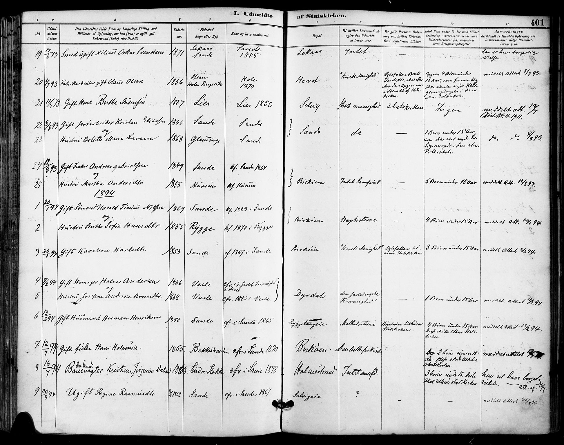 Sande Kirkebøker, AV/SAKO-A-53/F/Fa/L0007: Parish register (official) no. 7, 1888-1903, p. 401