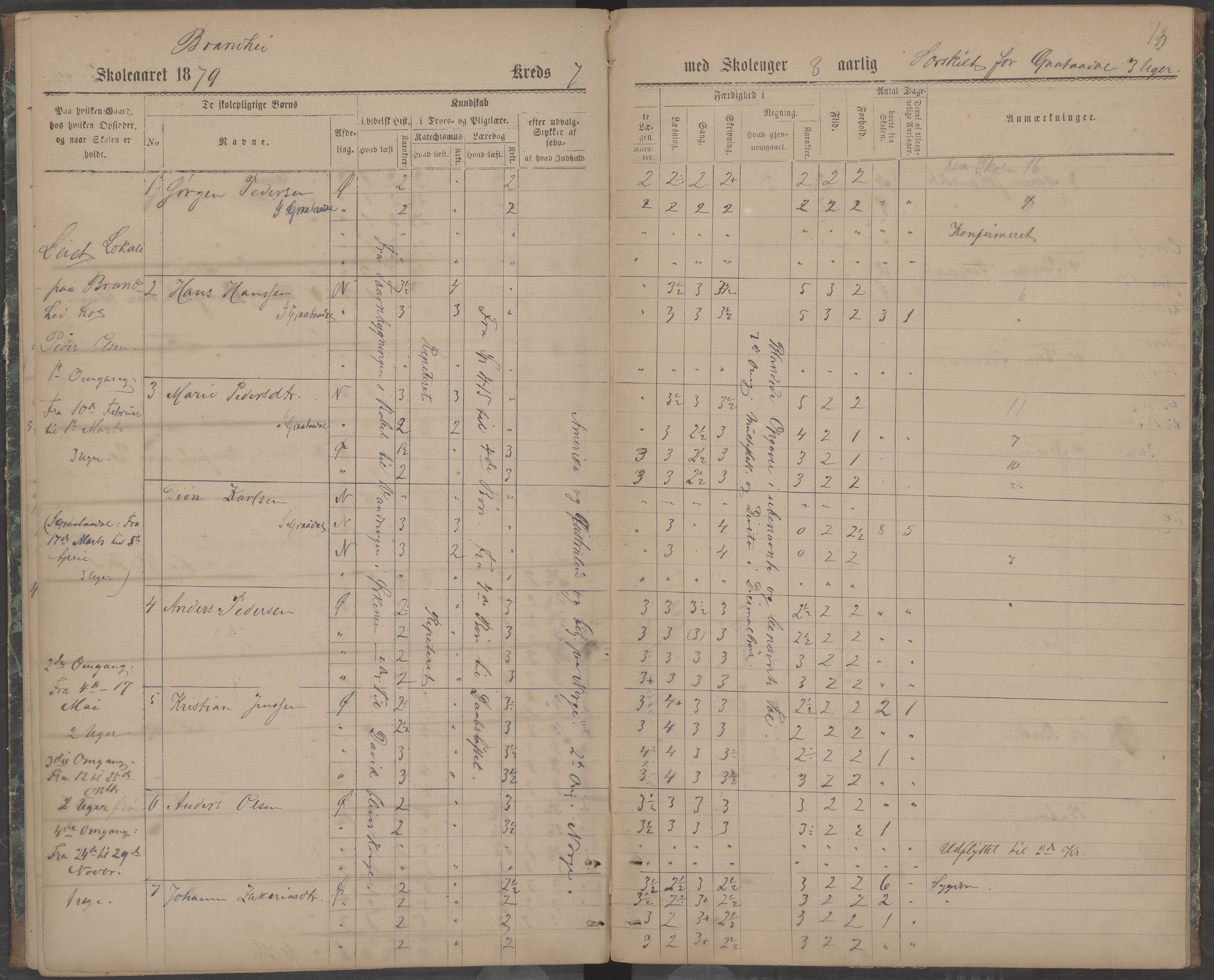 Beiarn kommune. Brandhei skolekrets, AIN/K-18390.510.03/442/L0001: Karakter/oversiktsprotokoll, 1876-1883, p. 13