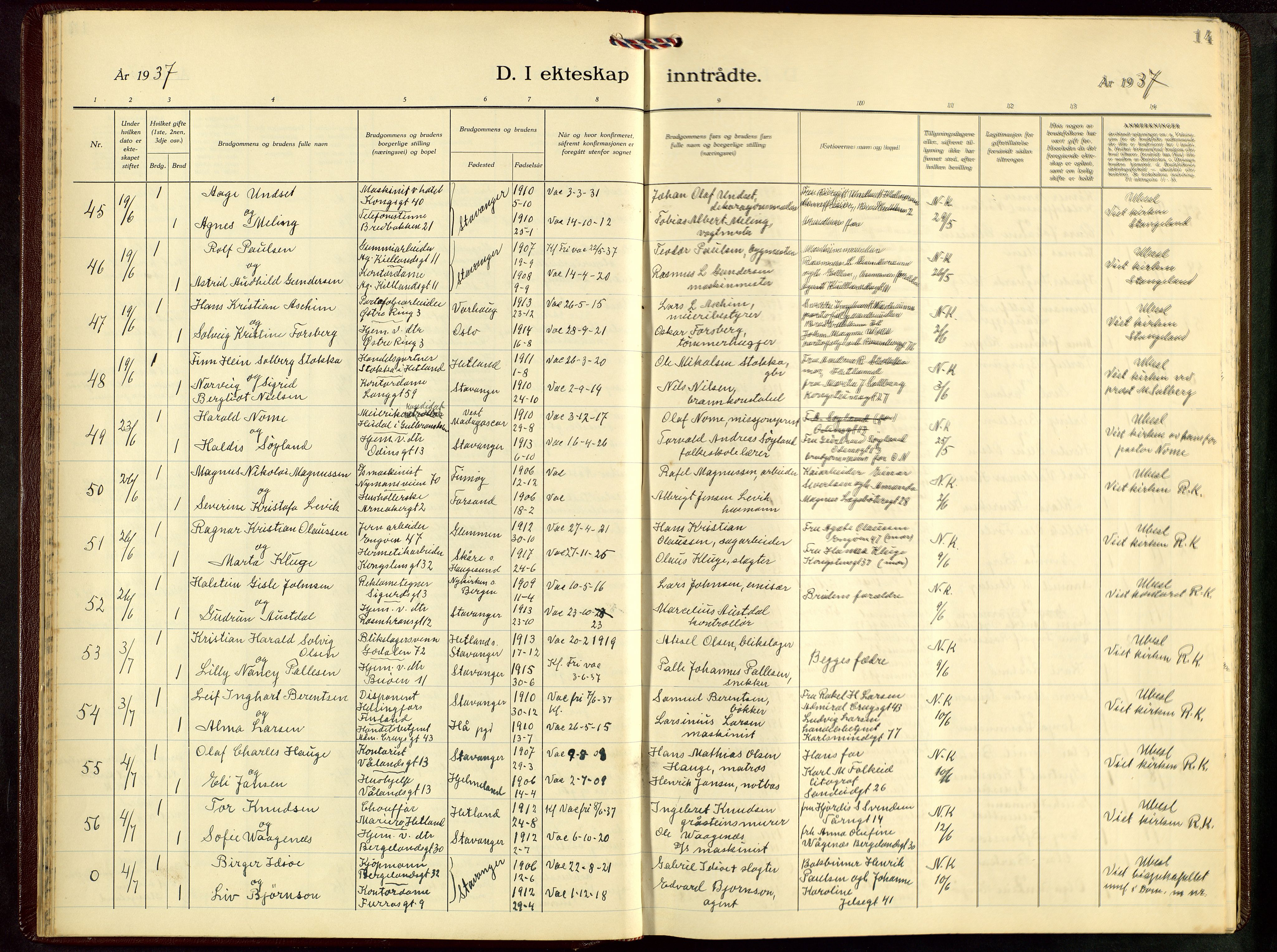 St. Petri sokneprestkontor, AV/SAST-A-101813/001/30/30BB/L0012: Parish register (copy) no. B 12, 1936-1951, p. 14