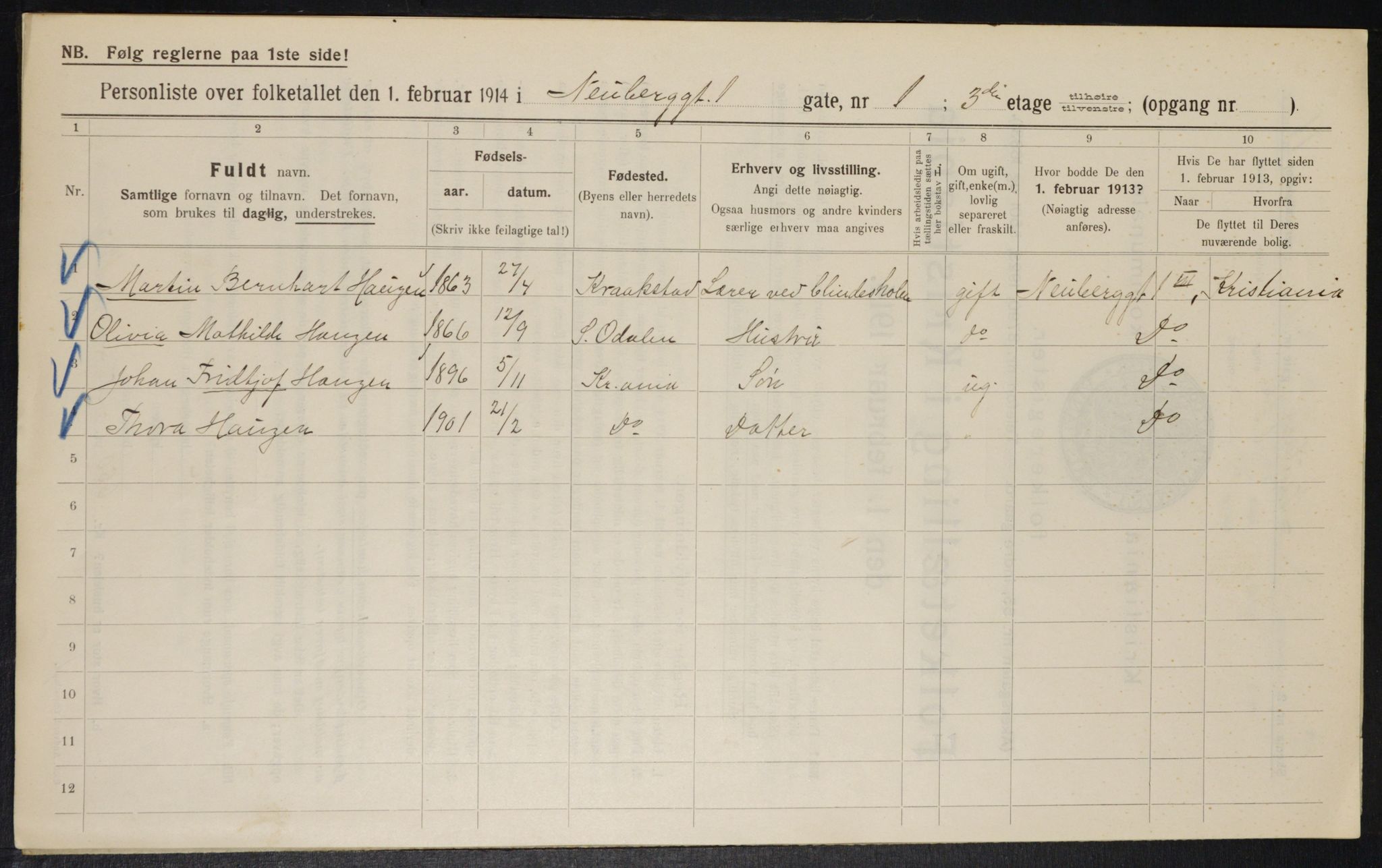 OBA, Municipal Census 1914 for Kristiania, 1914, p. 69647