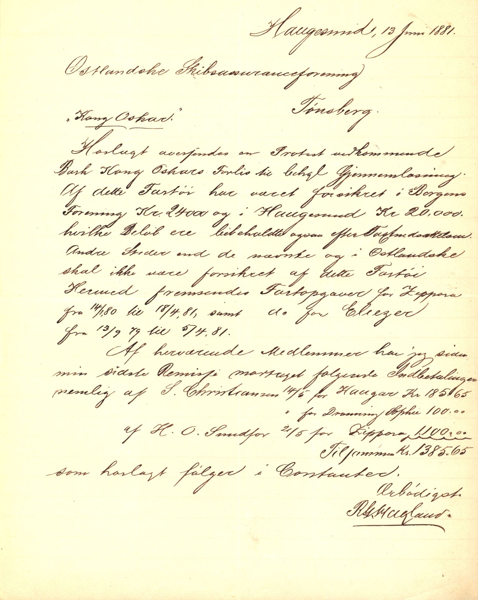 Pa 63 - Østlandske skibsassuranceforening, VEMU/A-1079/G/Ga/L0014/0003: Havaridokumenter / Helene, Joanchas, Kong Oskar af Sandefjord, Kong Oscar af Haugesund, 1881, p. 36