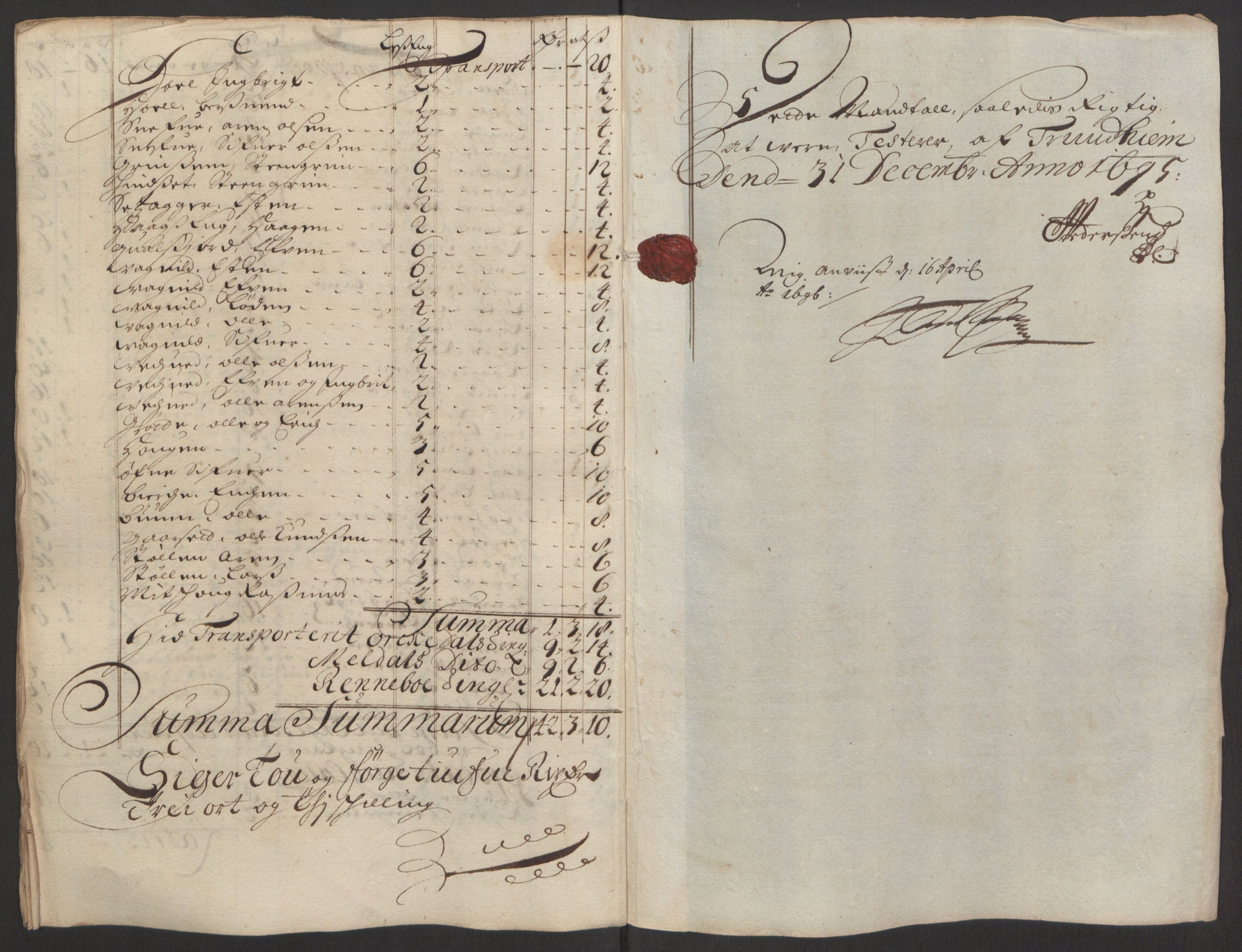 Rentekammeret inntil 1814, Reviderte regnskaper, Fogderegnskap, AV/RA-EA-4092/R60/L3945: Fogderegnskap Orkdal og Gauldal, 1695, p. 165