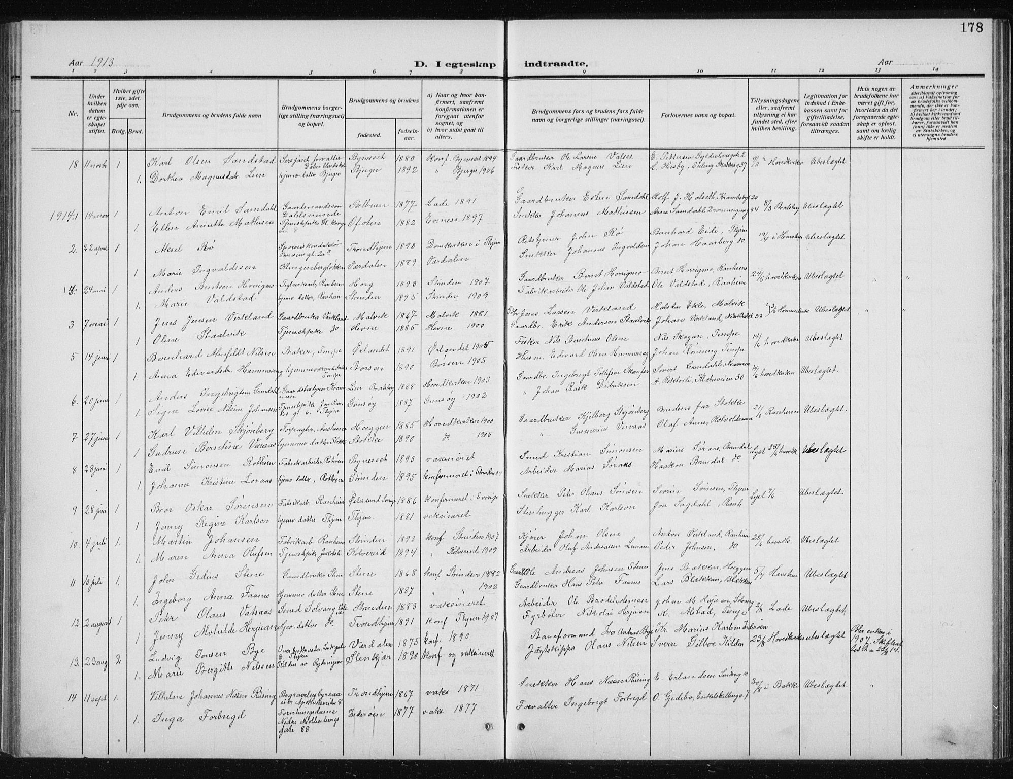 Ministerialprotokoller, klokkerbøker og fødselsregistre - Sør-Trøndelag, SAT/A-1456/606/L0314: Parish register (copy) no. 606C10, 1911-1937, p. 178