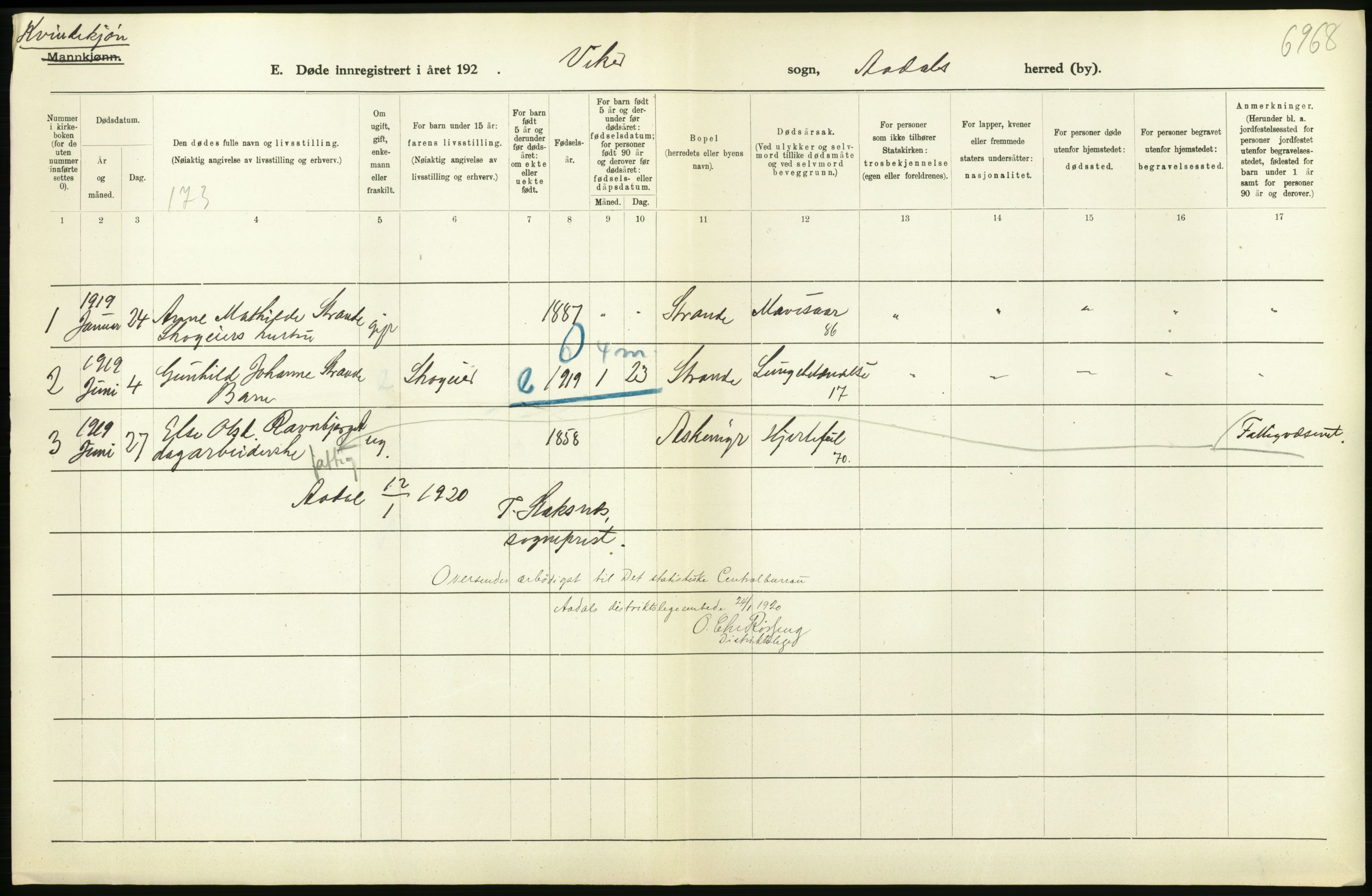 Statistisk sentralbyrå, Sosiodemografiske emner, Befolkning, RA/S-2228/D/Df/Dfb/Dfbi/L0018: Buskerud fylke: Døde. Bygder og byer., 1919, p. 32