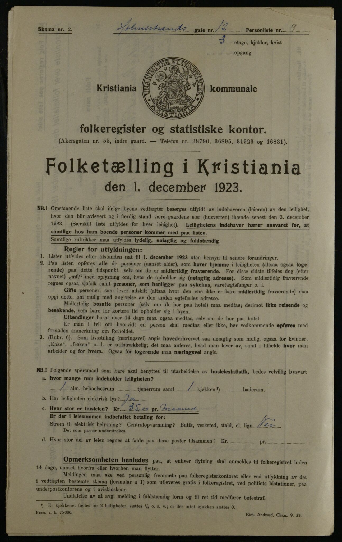 OBA, Municipal Census 1923 for Kristiania, 1923, p. 45708