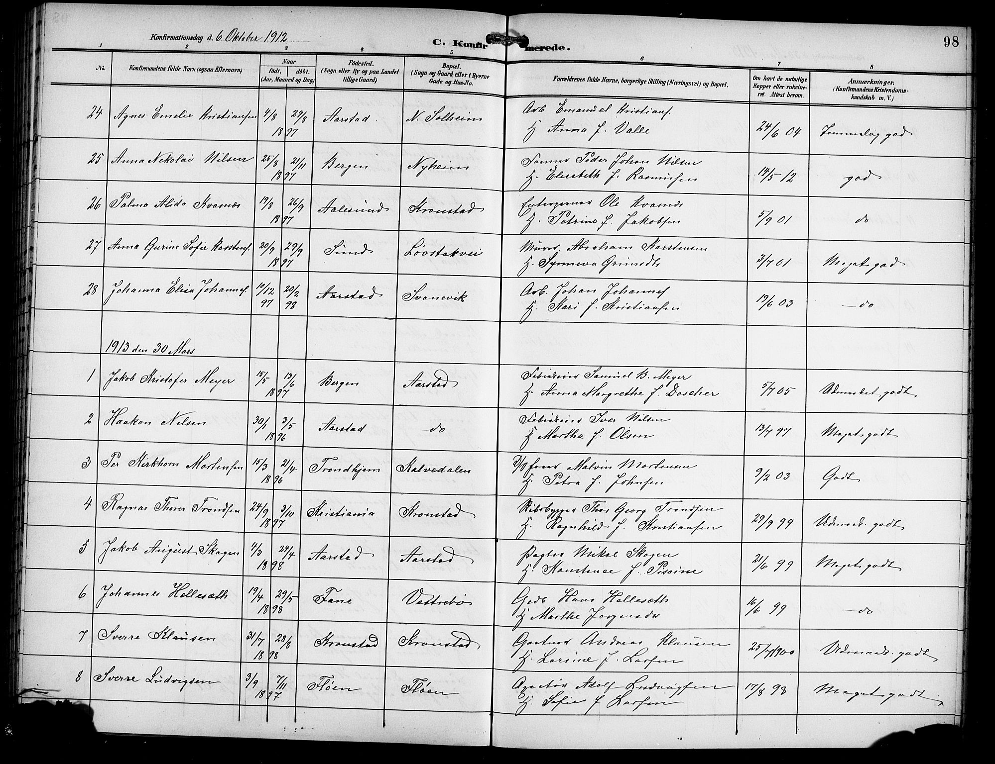 Årstad Sokneprestembete, SAB/A-79301/H/Hab/L0012: Parish register (copy) no. B 2, 1901-1914, p. 98