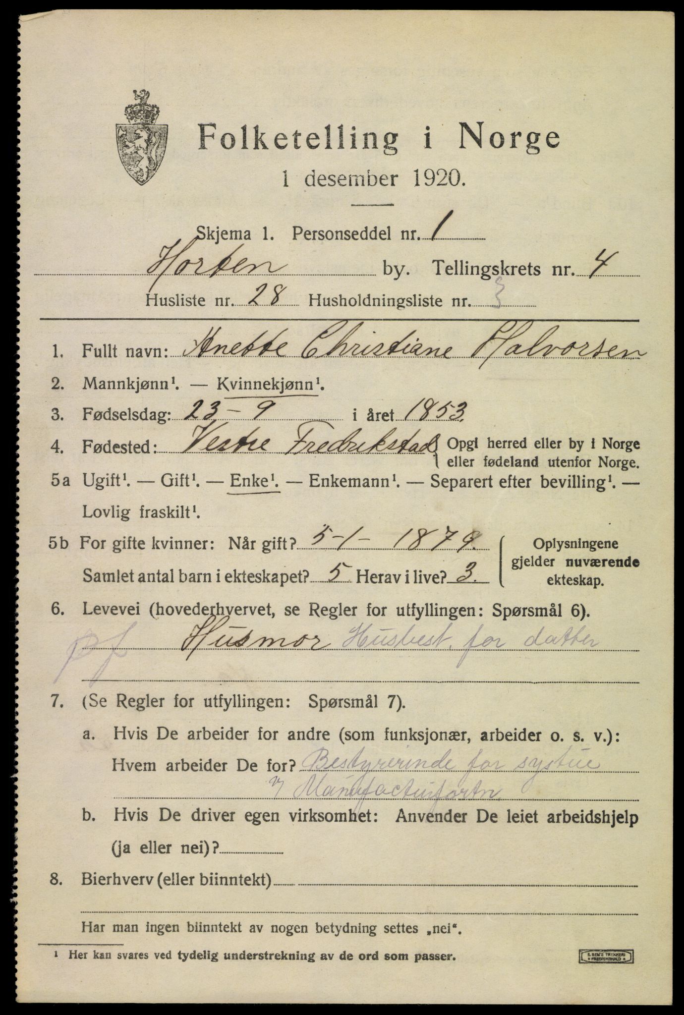 SAKO, 1920 census for Horten, 1920, p. 16819