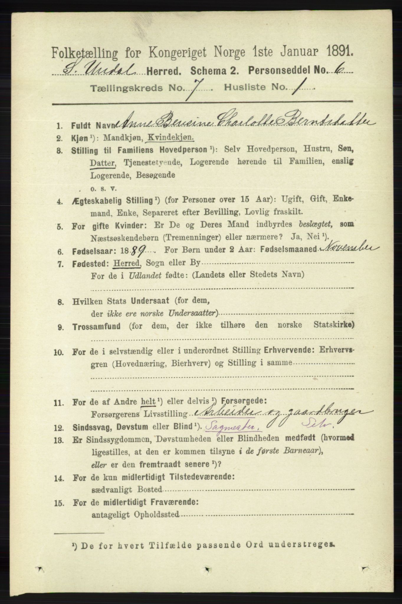 RA, 1891 census for 1029 Sør-Audnedal, 1891, p. 2627