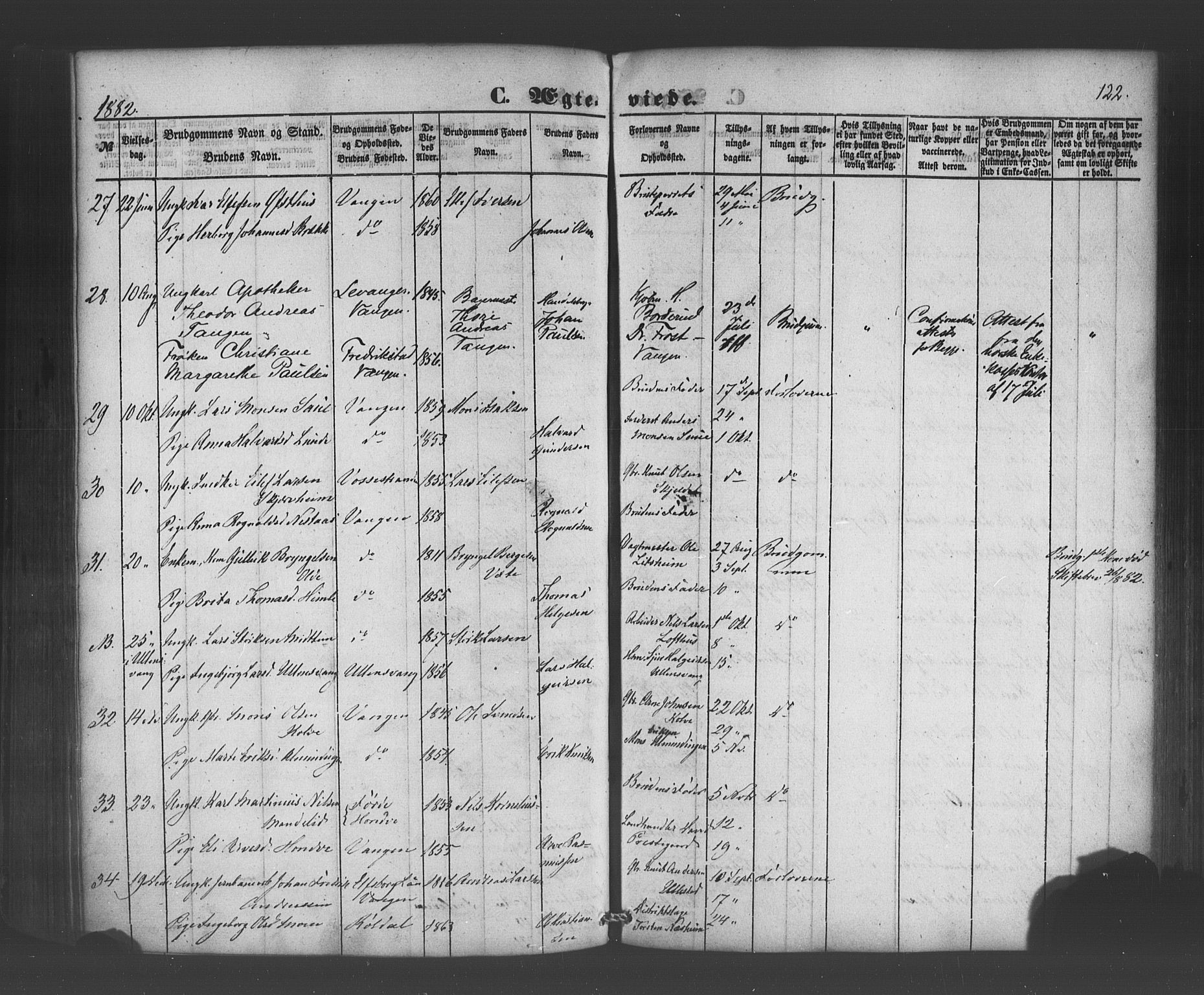 Voss sokneprestembete, SAB/A-79001/H/Haa: Parish register (official) no. A 19, 1851-1886, p. 122