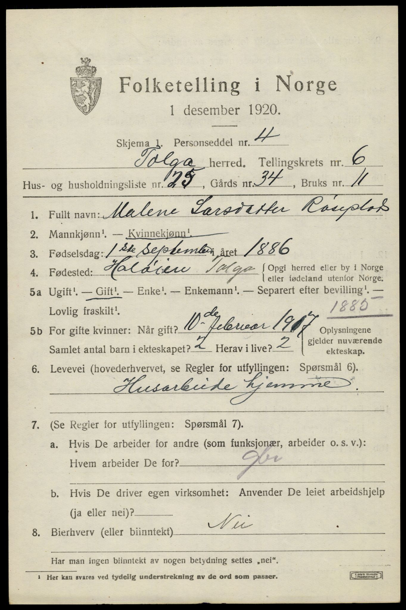 SAH, 1920 census for Tolga, 1920, p. 3907