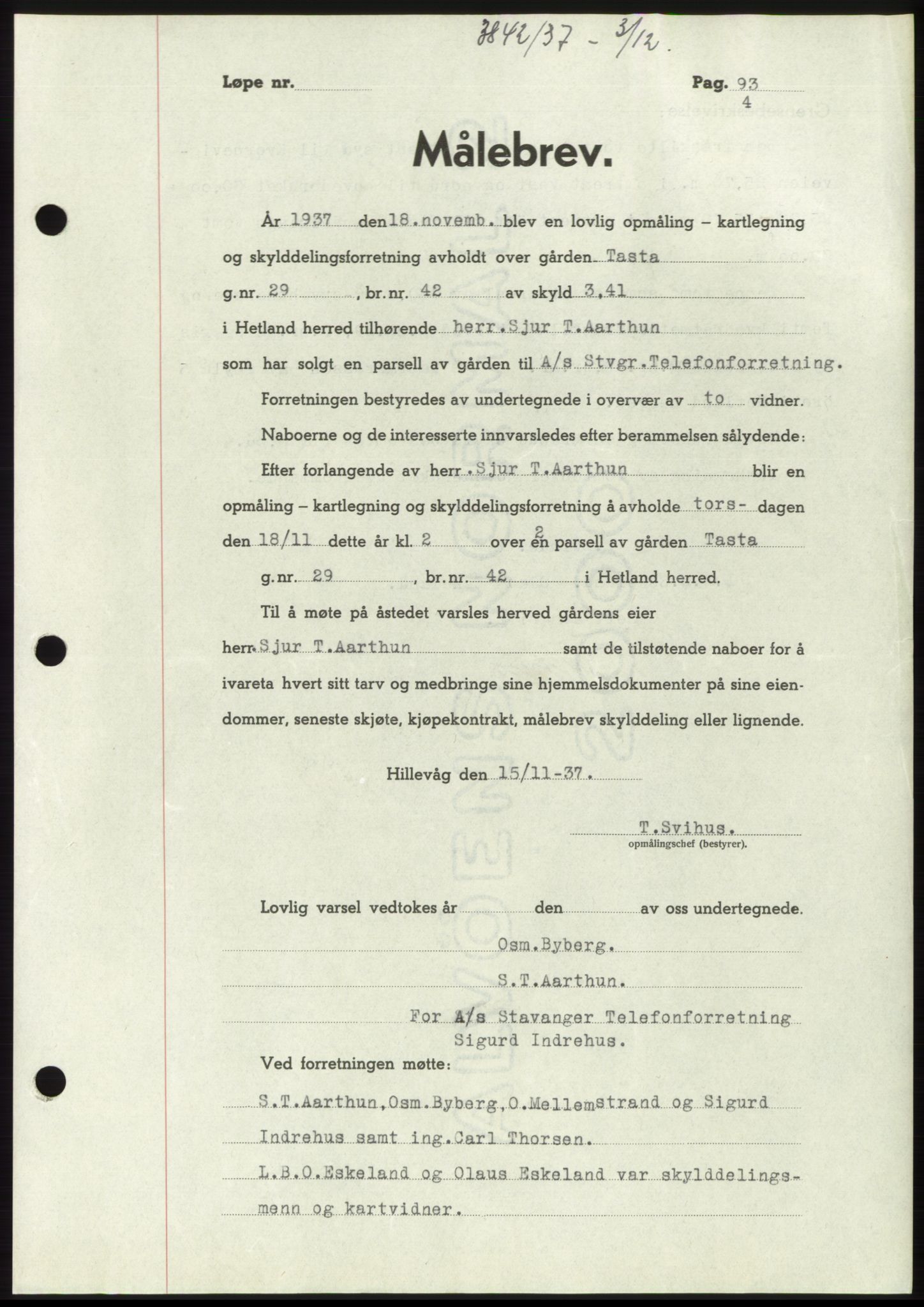 Jæren sorenskriveri, SAST/A-100310/03/G/Gba/L0069: Mortgage book, 1937-1937, Diary no: : 3842/1937