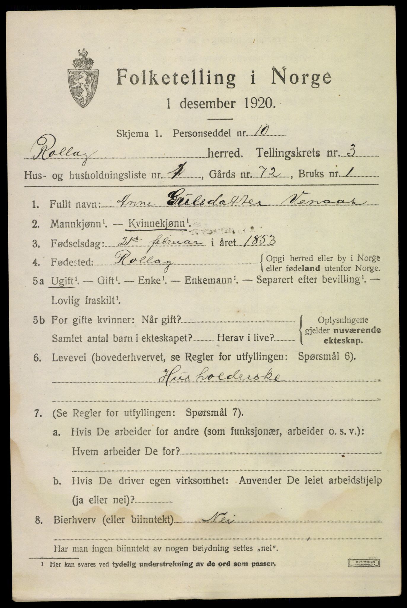 SAKO, 1920 census for Rollag, 1920, p. 1334