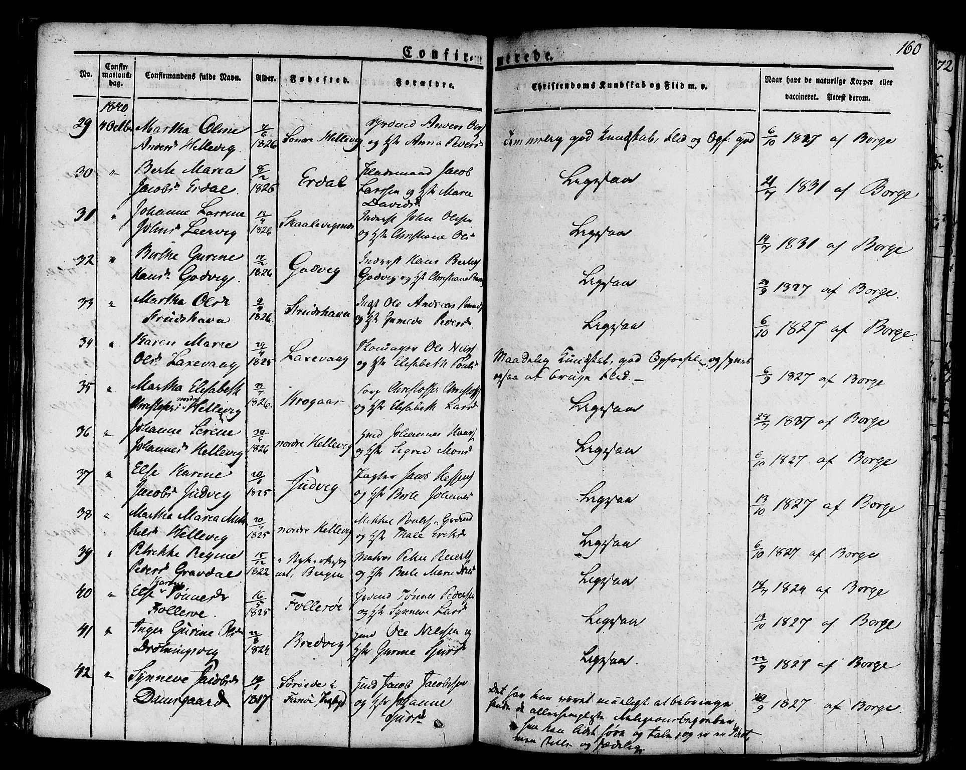 Askøy Sokneprestembete, SAB/A-74101/H/Ha/Haa/Haaa/L0004: Parish register (official) no. A 4, 1825-1845, p. 160