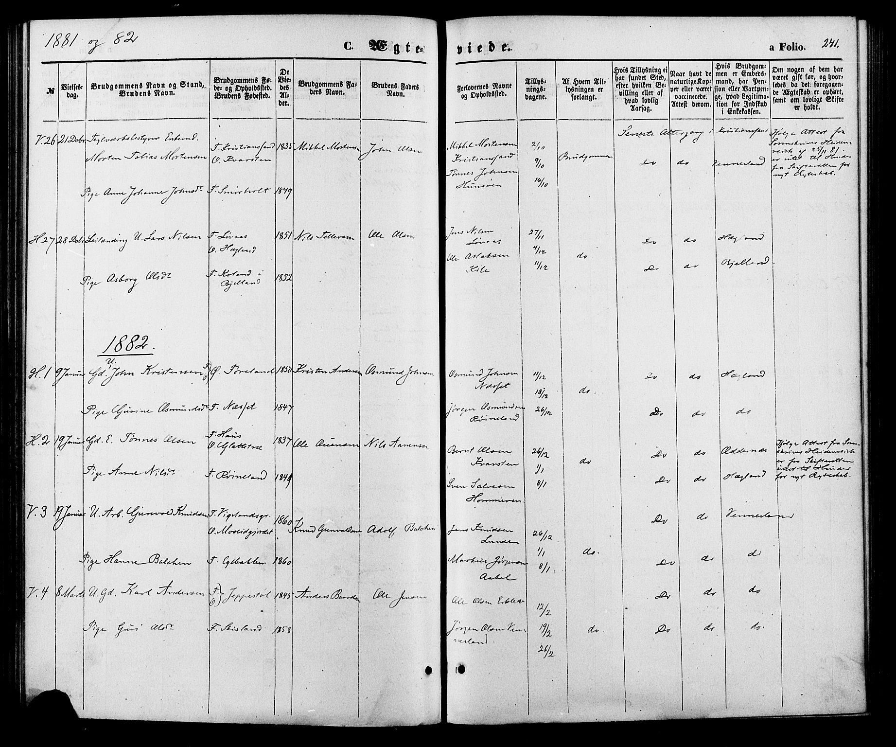 Vennesla sokneprestkontor, AV/SAK-1111-0045/Fa/Fac/L0008: Parish register (official) no. A 8, 1874-1883, p. 241