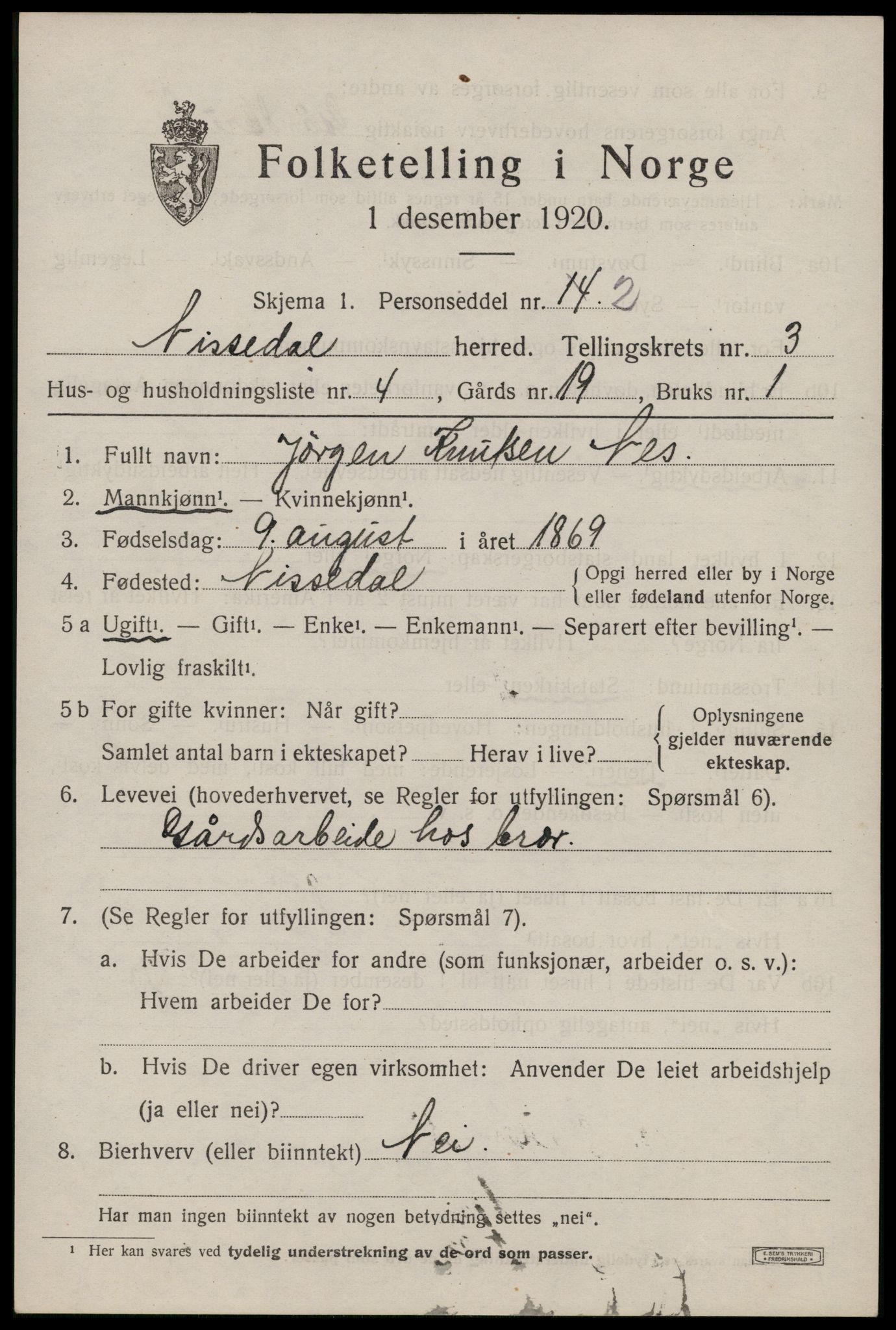 SAKO, 1920 census for Nissedal, 1920, p. 1523