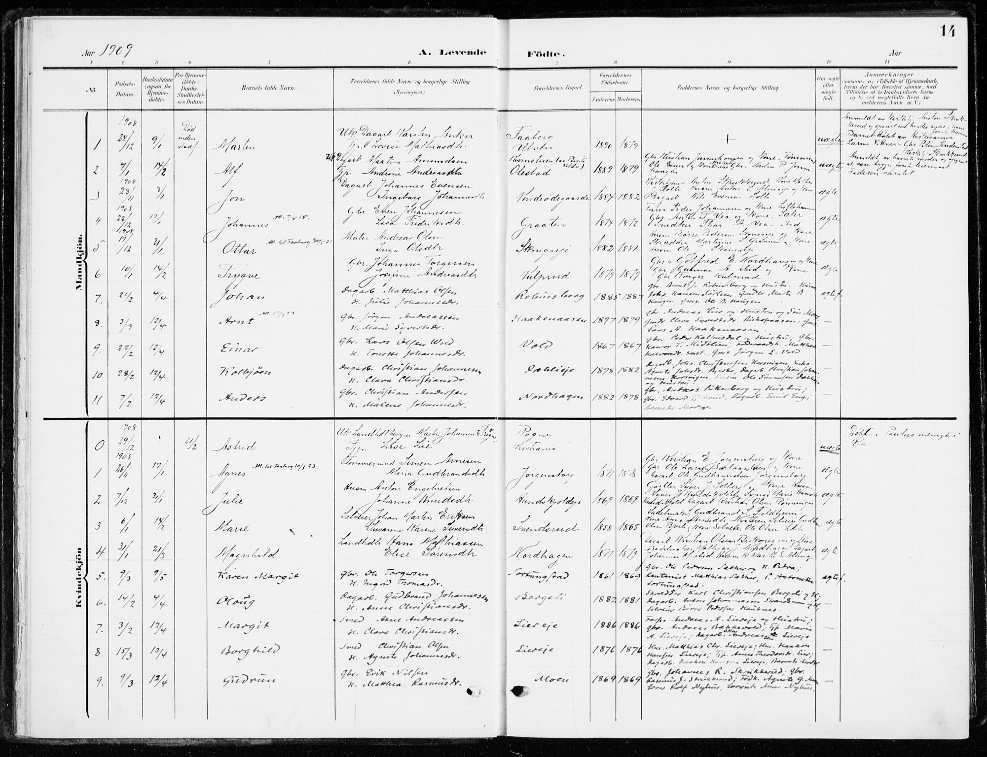Ringsaker prestekontor, AV/SAH-PREST-014/K/Ka/L0021: Parish register (official) no. 21, 1905-1920, p. 14