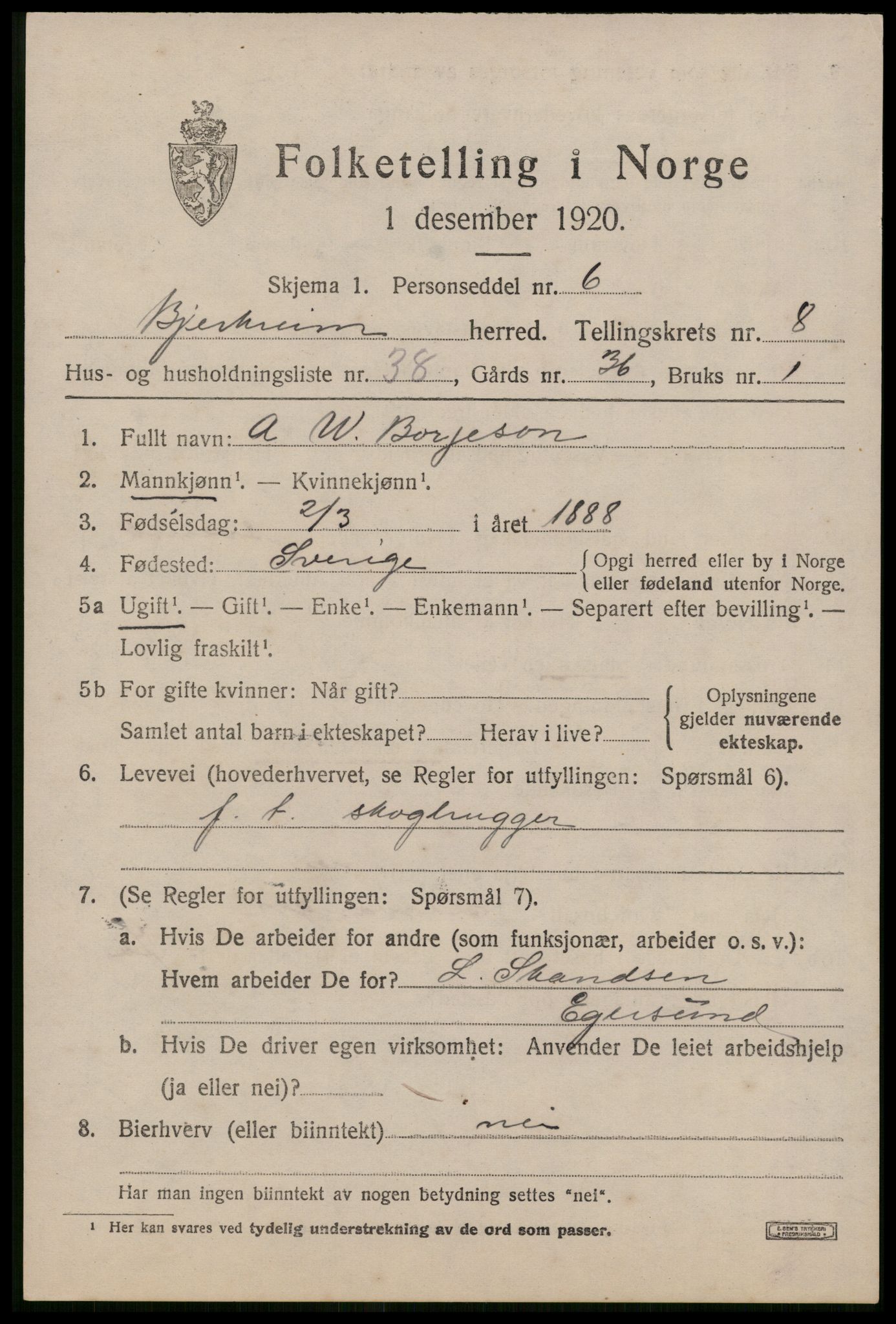 SAST, 1920 census for Bjerkreim, 1920, p. 3054