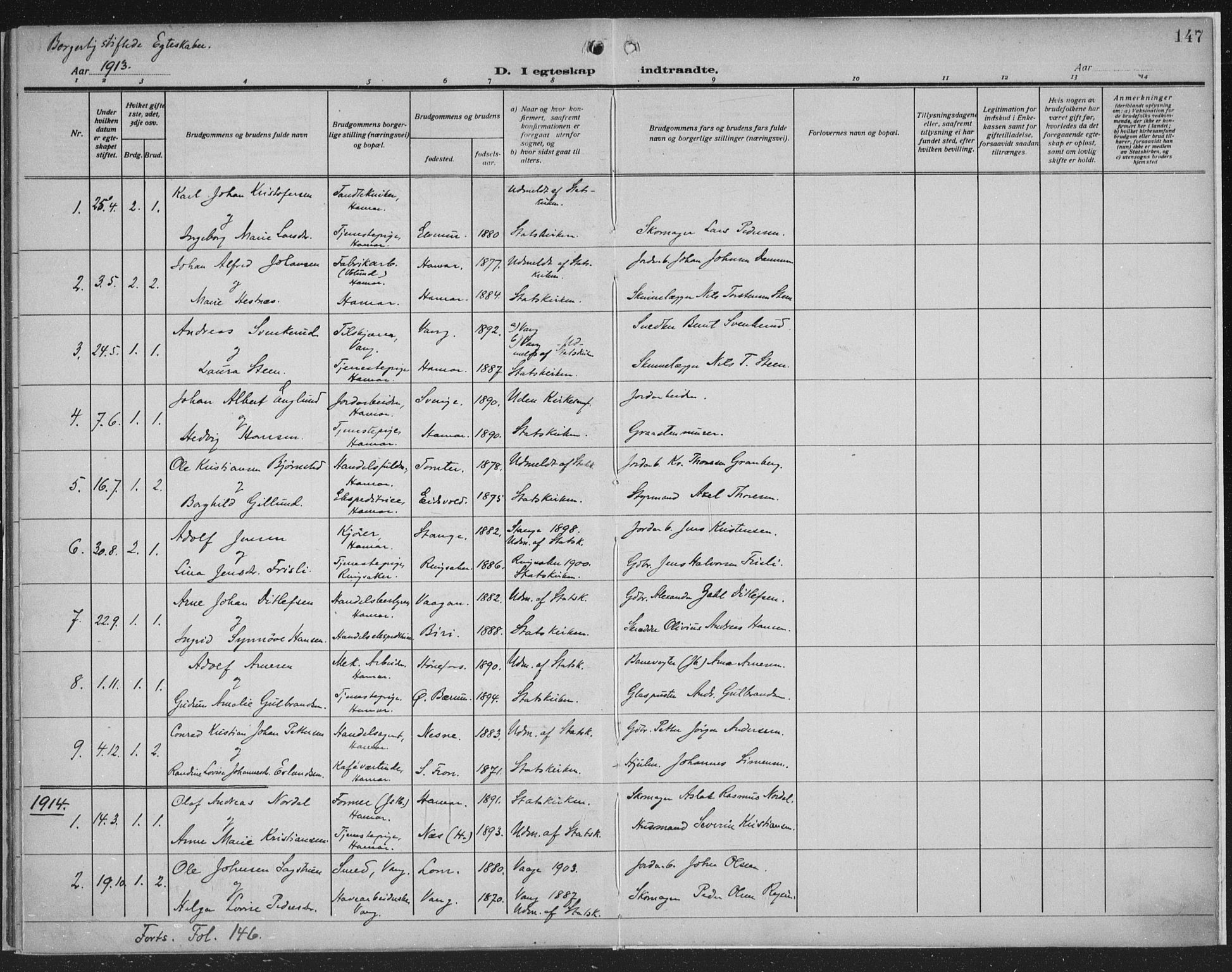 Hamar prestekontor, SAH/DOMPH-002/H/Ha/Haa/L0003: Parish register (official) no. 3, 1913-1930, p. 147