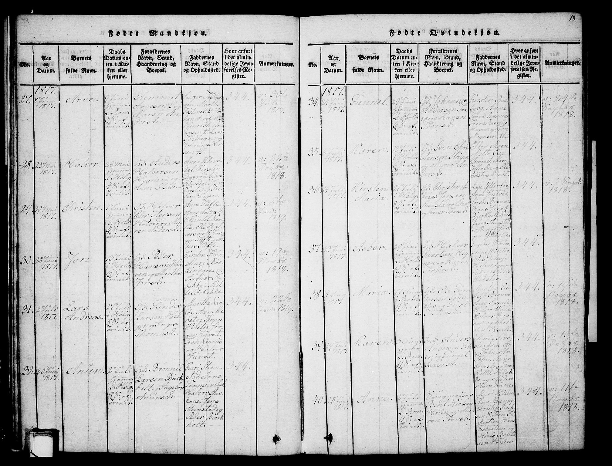 Holla kirkebøker, SAKO/A-272/G/Ga/L0001: Parish register (copy) no. I 1, 1814-1830, p. 18