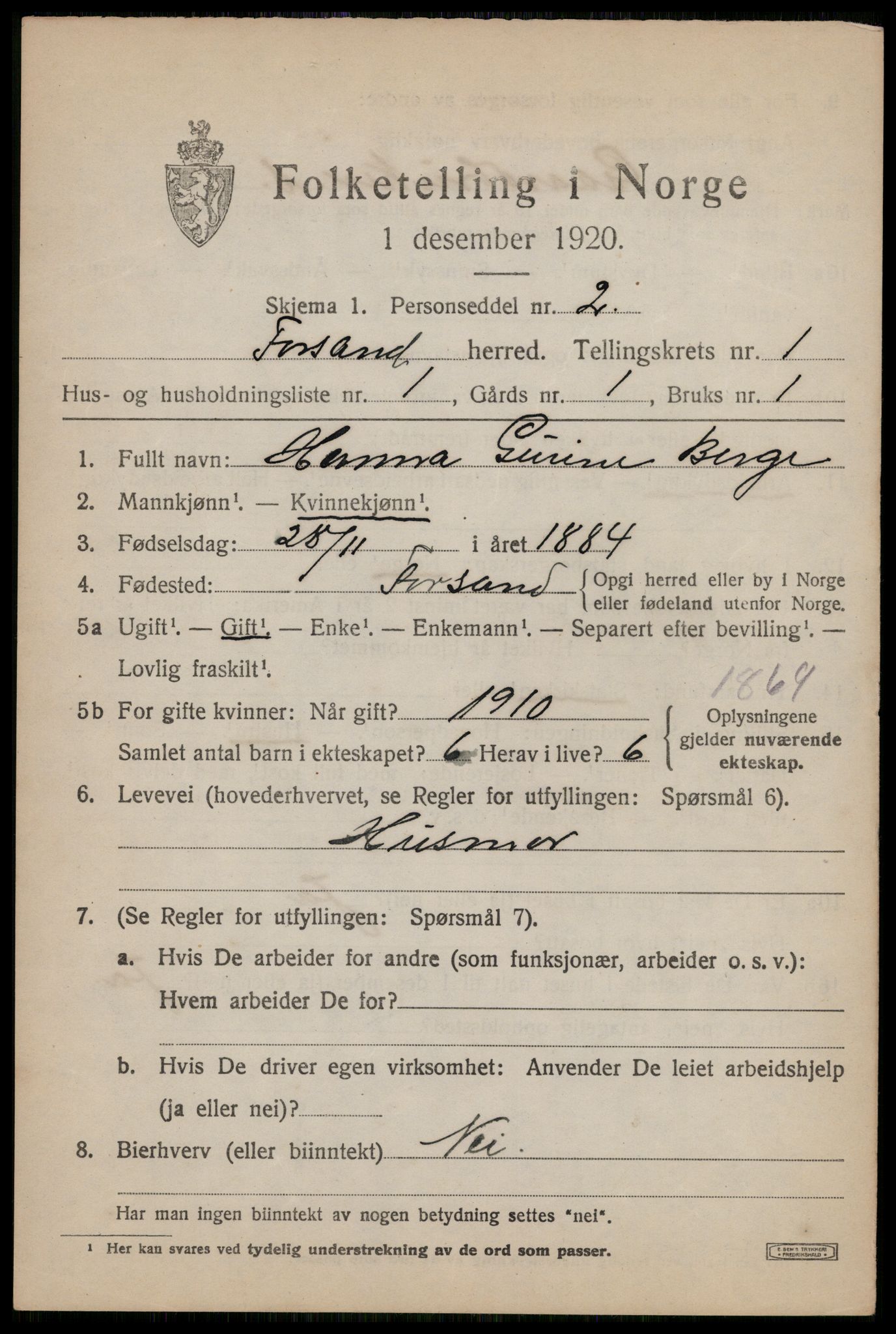 SAST, 1920 census for Forsand, 1920, p. 761