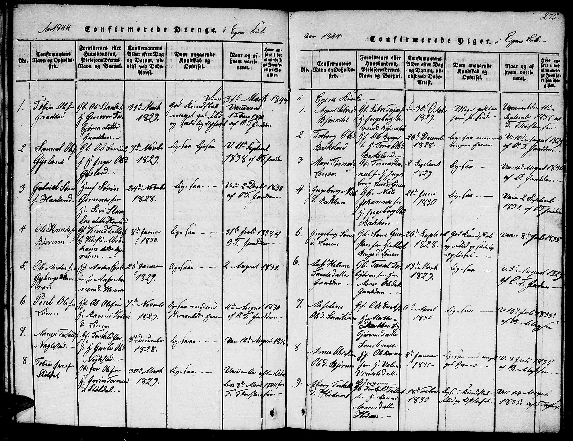 Hægebostad sokneprestkontor, AV/SAK-1111-0024/F/Fb/Fba/L0001: Parish register (copy) no. B 1, 1815-1844, p. 275