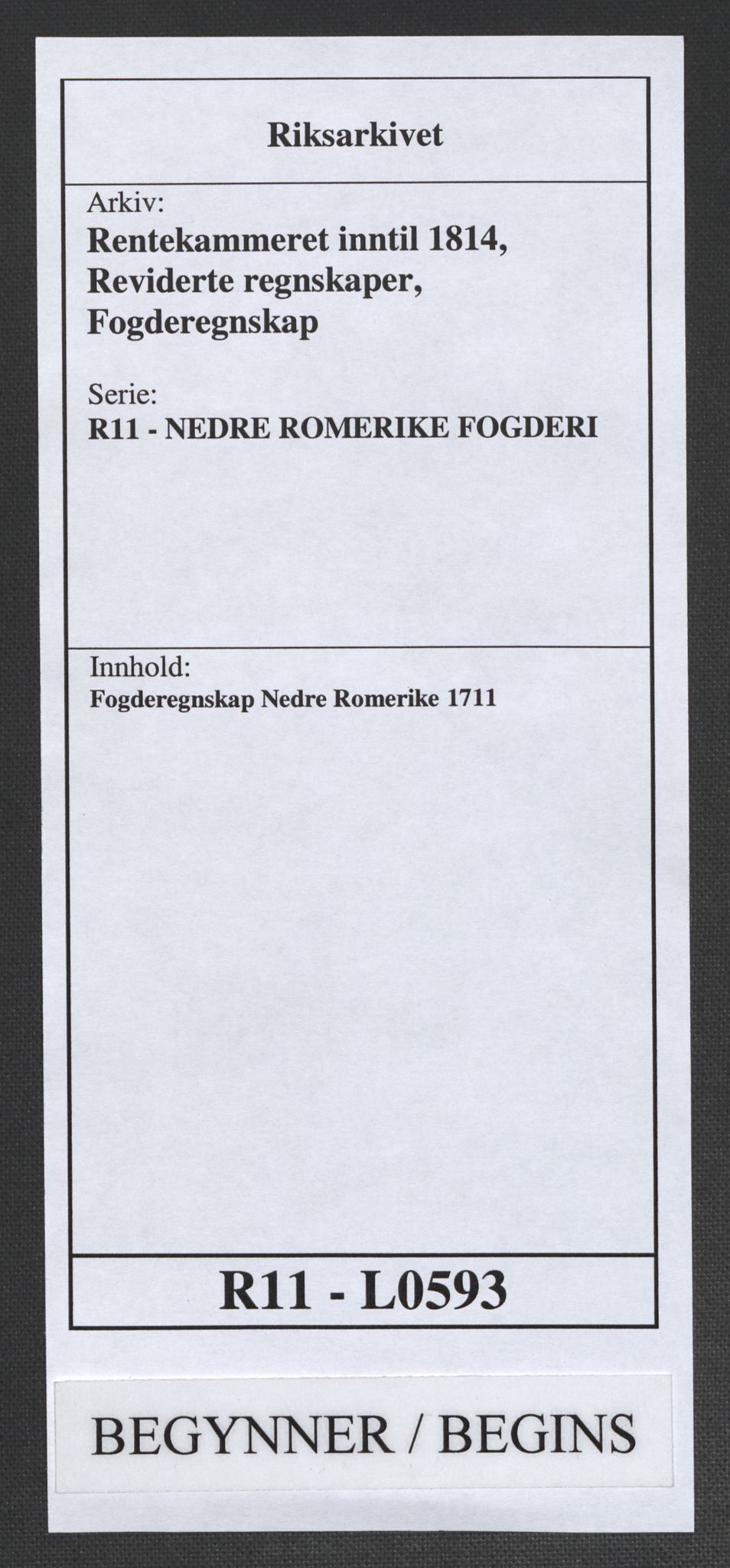 Rentekammeret inntil 1814, Reviderte regnskaper, Fogderegnskap, AV/RA-EA-4092/R11/L0593: Fogderegnskap Nedre Romerike, 1711, p. 1