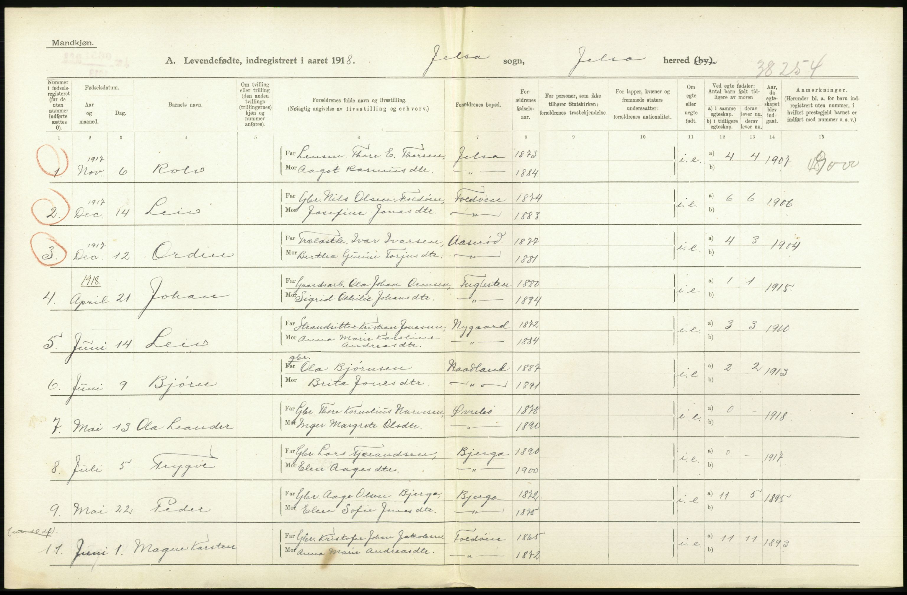 Statistisk sentralbyrå, Sosiodemografiske emner, Befolkning, RA/S-2228/D/Df/Dfb/Dfbh/L0031: Rogaland fylke: Levendefødte menn og kvinner. Bygder., 1918