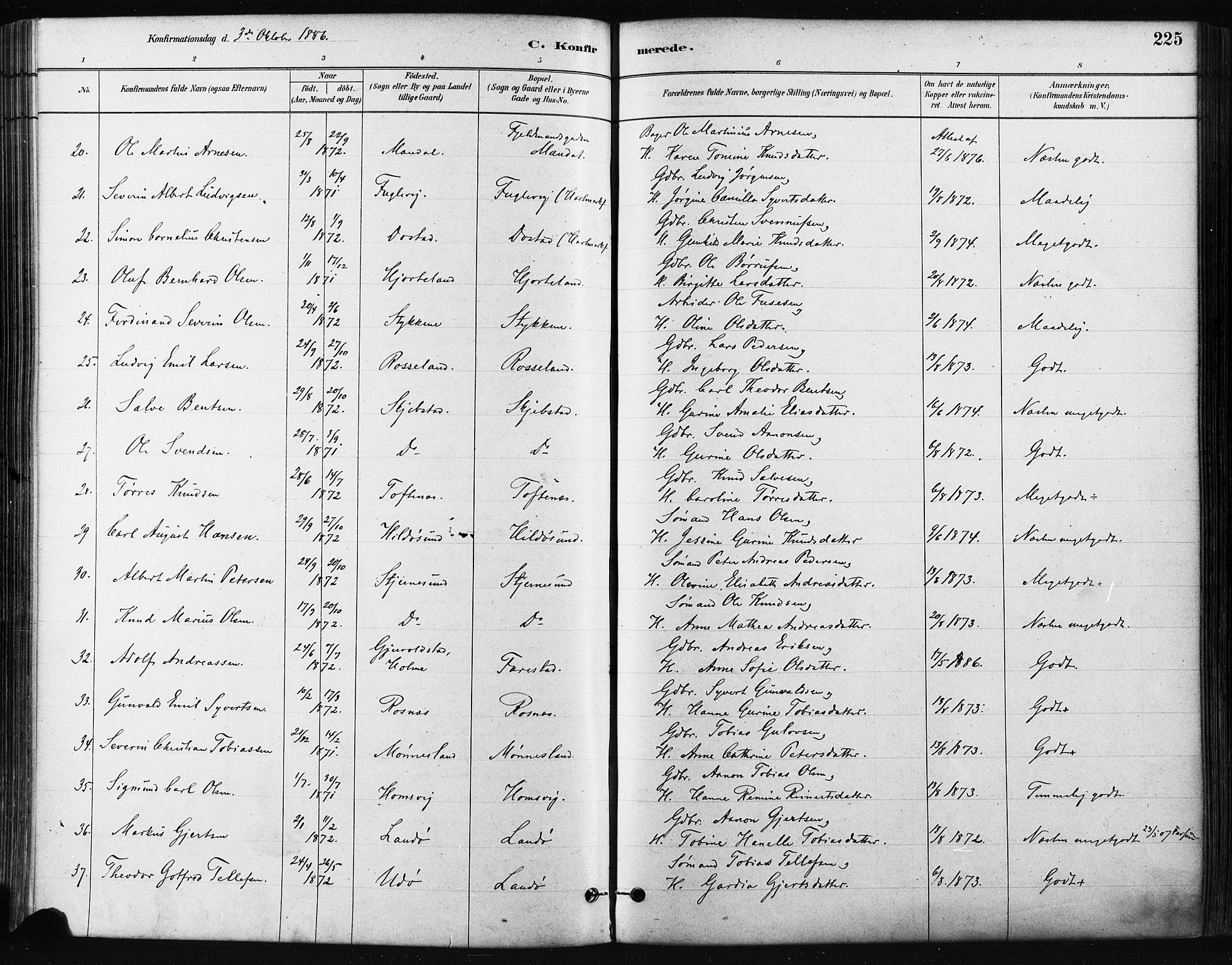 Mandal sokneprestkontor, AV/SAK-1111-0030/F/Fa/Faa/L0016: Parish register (official) no. A 16, 1880-1890, p. 225