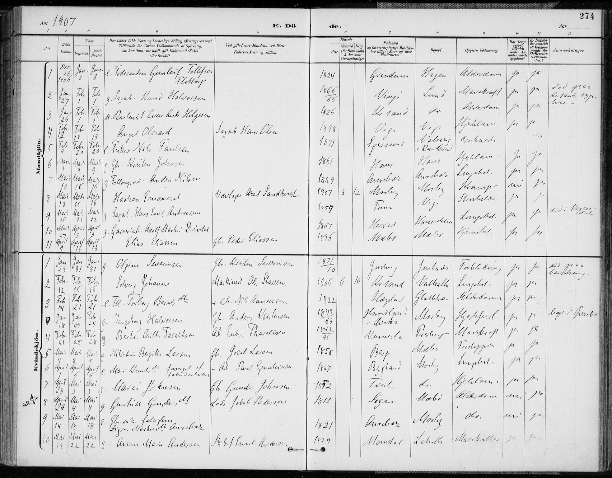 Oddernes sokneprestkontor, AV/SAK-1111-0033/F/Fa/Faa/L0010: Parish register (official) no. A 10, 1897-1911, p. 274