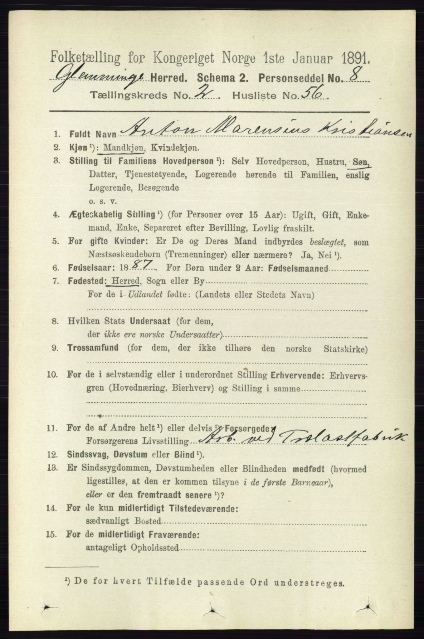 RA, 1891 census for 0132 Glemmen, 1891, p. 998