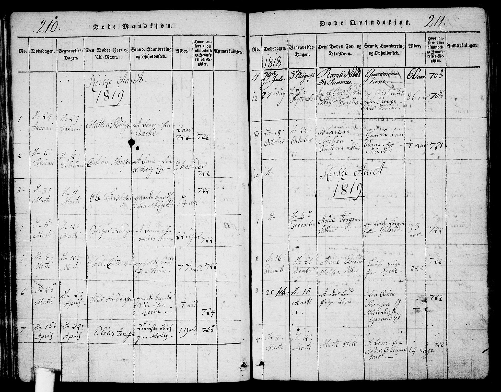 Ramnes kirkebøker, AV/SAKO-A-314/G/Ga/L0001: Parish register (copy) no. I 1, 1813-1847, p. 210-211