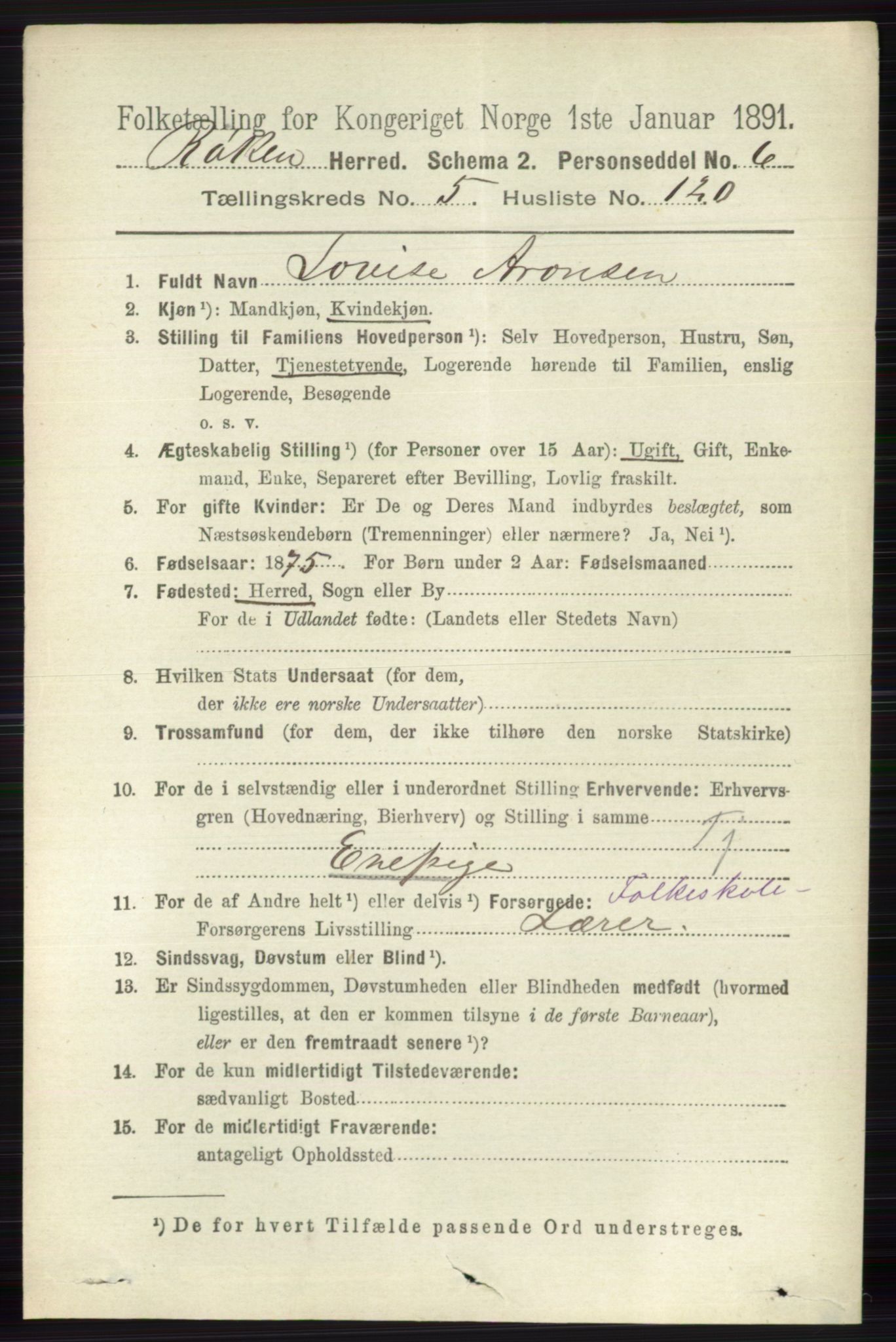 RA, 1891 census for 0627 Røyken, 1891, p. 3537