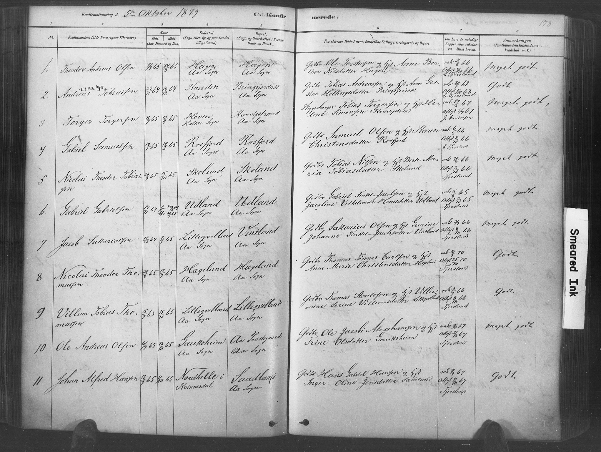 Lyngdal sokneprestkontor, AV/SAK-1111-0029/F/Fa/Fac/L0011: Parish register (official) no. A 11, 1878-1893, p. 178