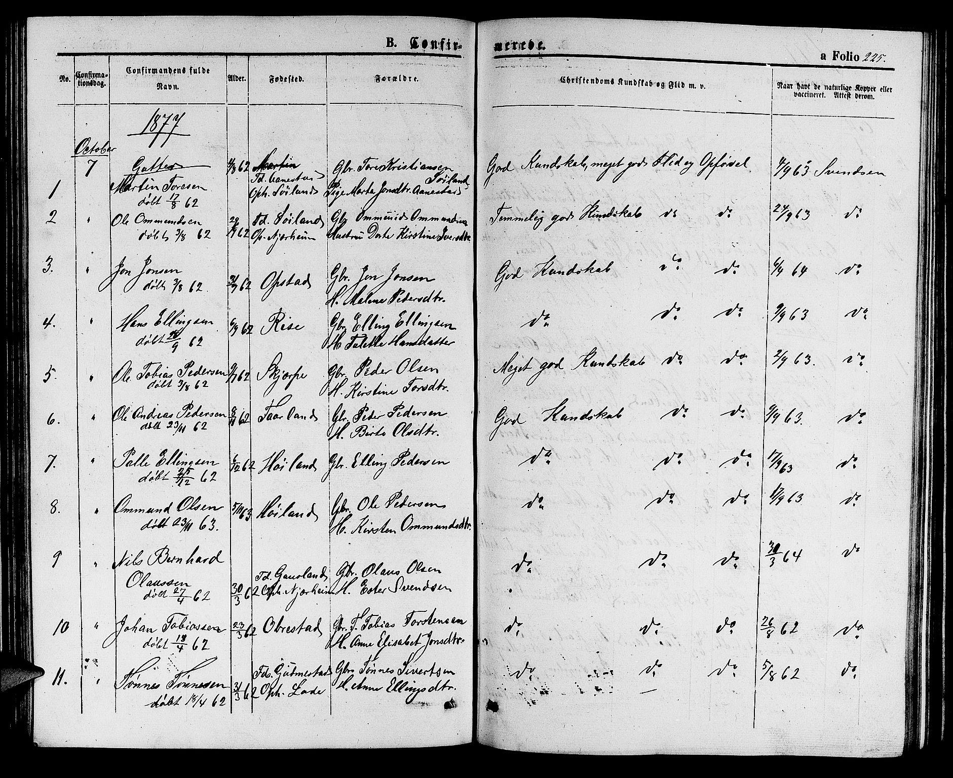 Hå sokneprestkontor, AV/SAST-A-101801/001/30BB/L0001: Parish register (copy) no. B 1, 1854-1883, p. 225