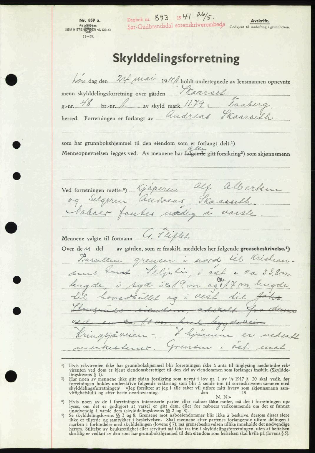 Sør-Gudbrandsdal tingrett, SAH/TING-004/H/Hb/Hbd/L0009: Mortgage book no. A9, 1941-1941, Diary no: : 893/1941