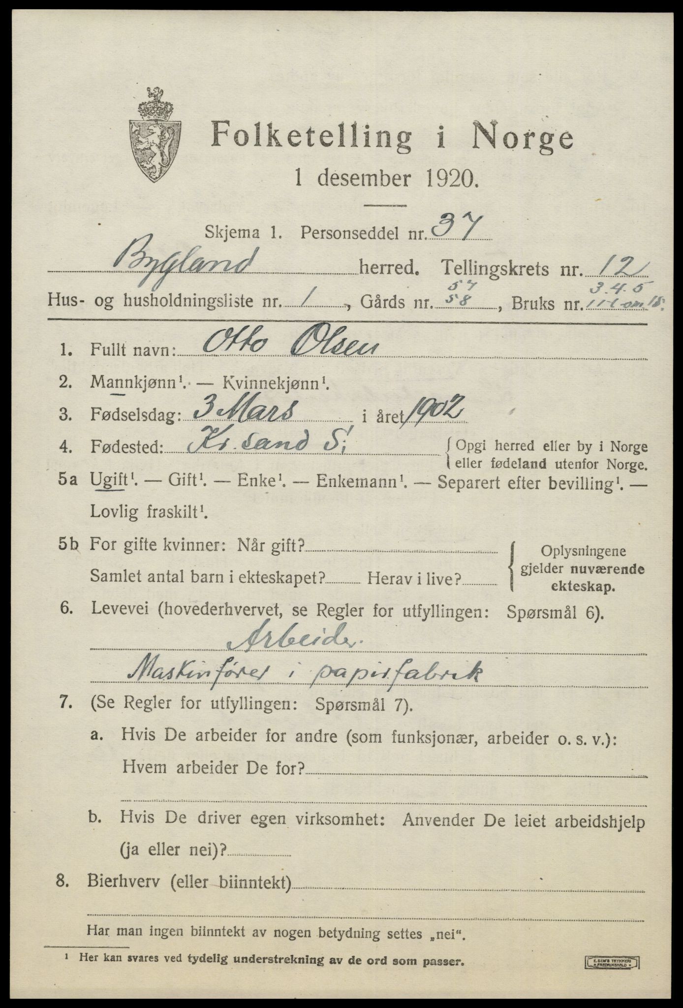 SAK, 1920 census for Bygland, 1920, p. 4533