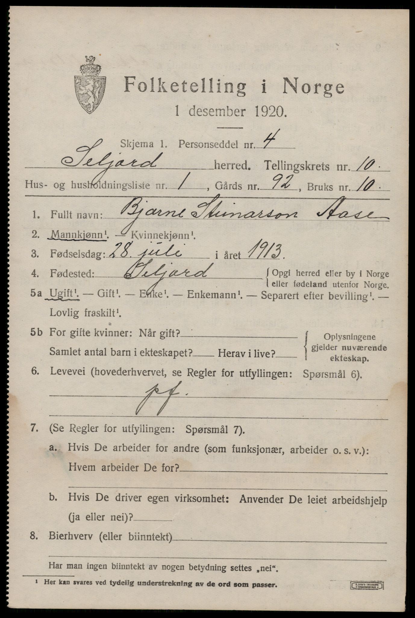 SAKO, 1920 census for Seljord, 1920, p. 4784