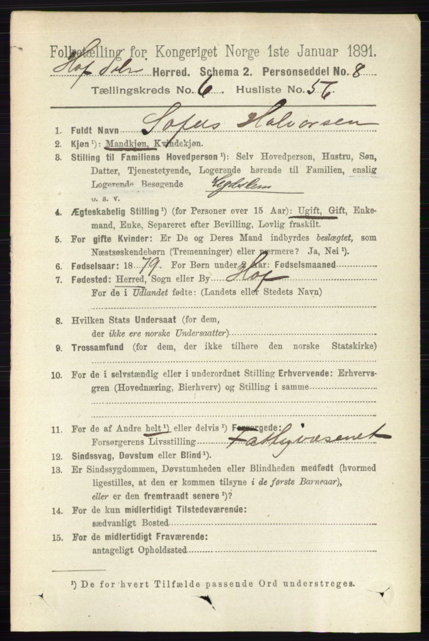 RA, 1891 census for 0424 Hof, 1891, p. 2642