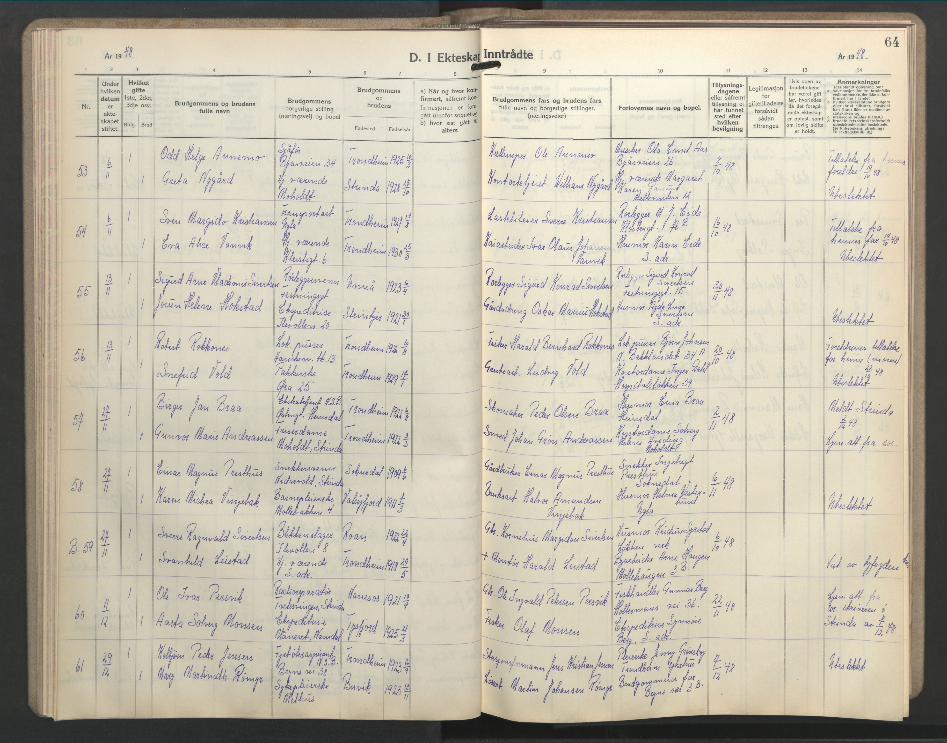 Ministerialprotokoller, klokkerbøker og fødselsregistre - Sør-Trøndelag, SAT/A-1456/603/L0177: Parish register (copy) no. 603C05, 1941-1952, p. 64