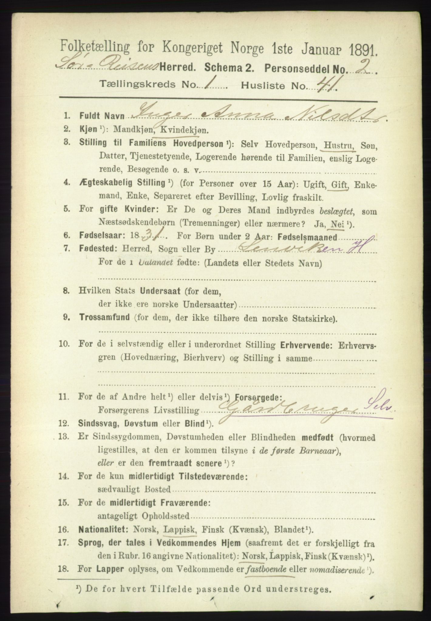 RA, 1891 census for 1925 Sørreisa, 1891, p. 323