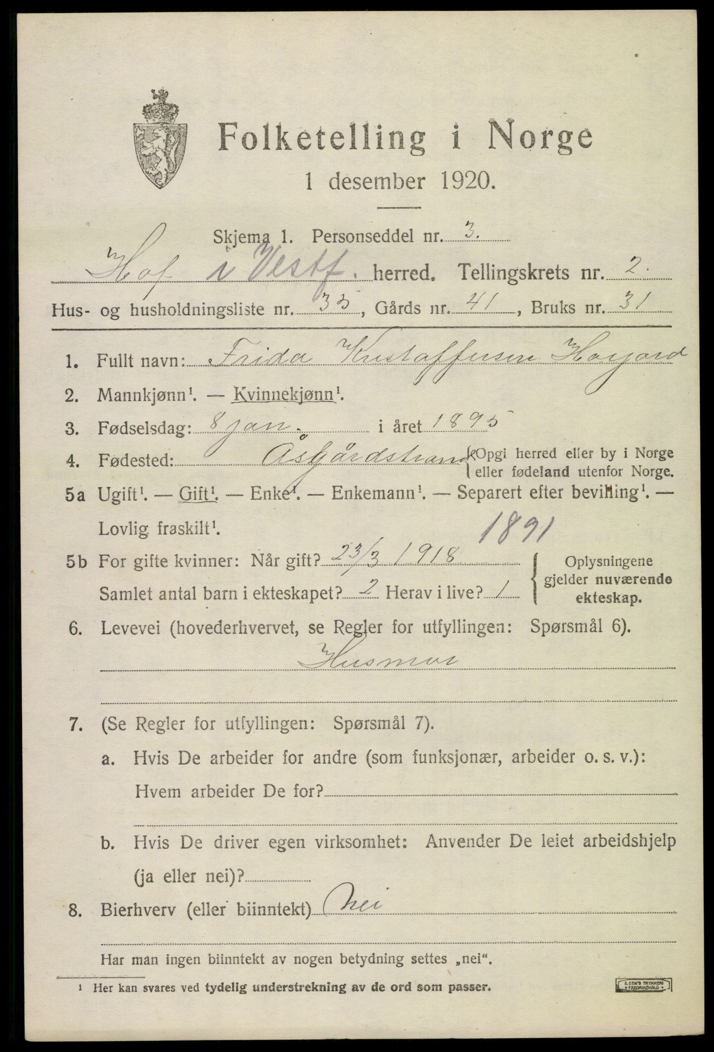 SAKO, 1920 census for Hof, 1920, p. 2755