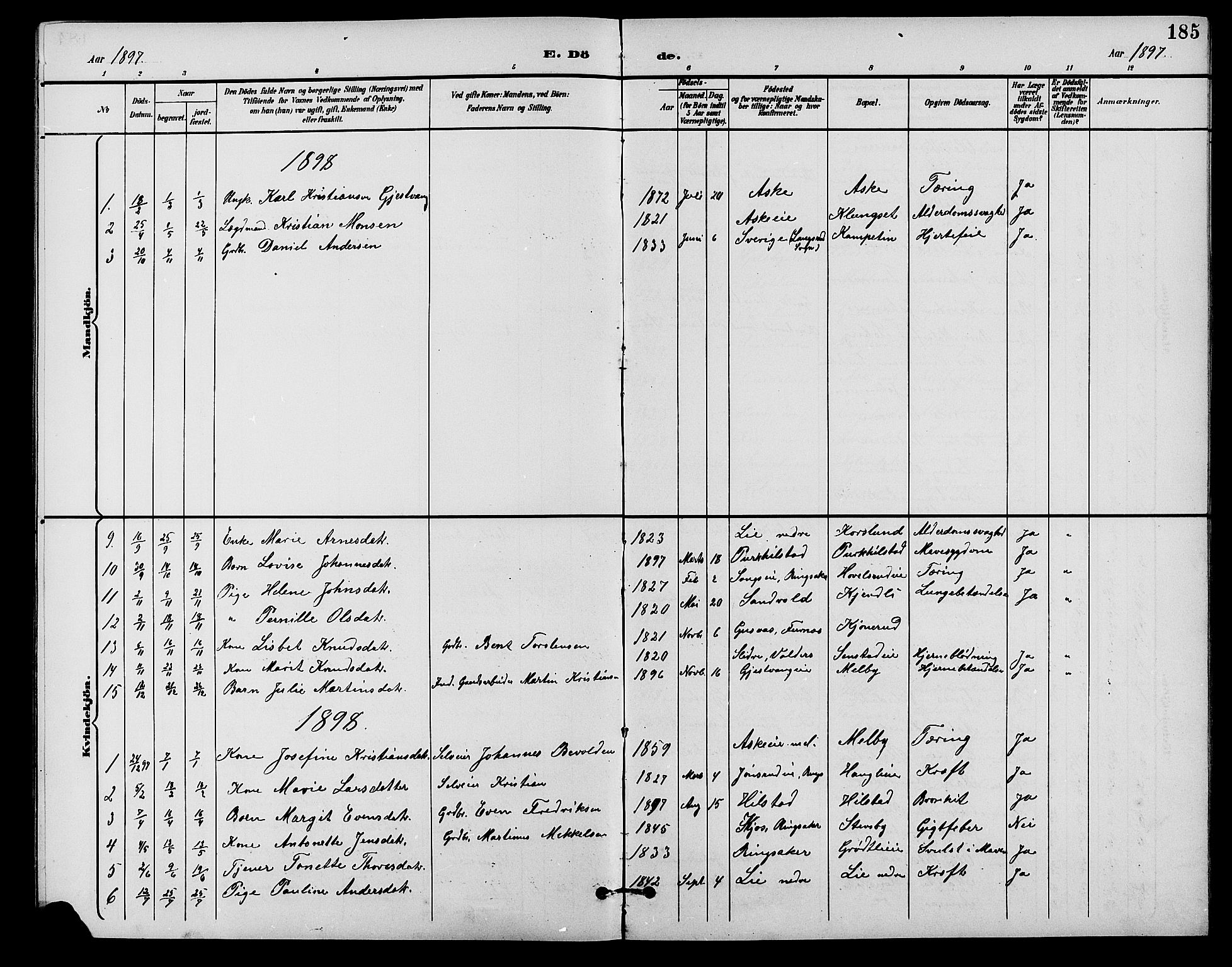 Nes prestekontor, Hedmark, AV/SAH-PREST-020/L/La/L0007: Parish register (copy) no. 7, 1892-1912, p. 185