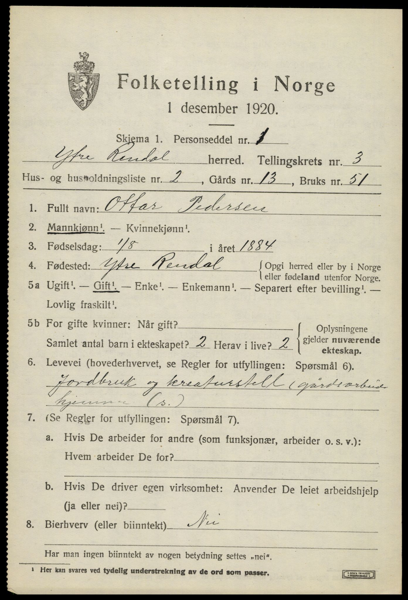 SAH, 1920 census for Ytre Rendal, 1920, p. 1601