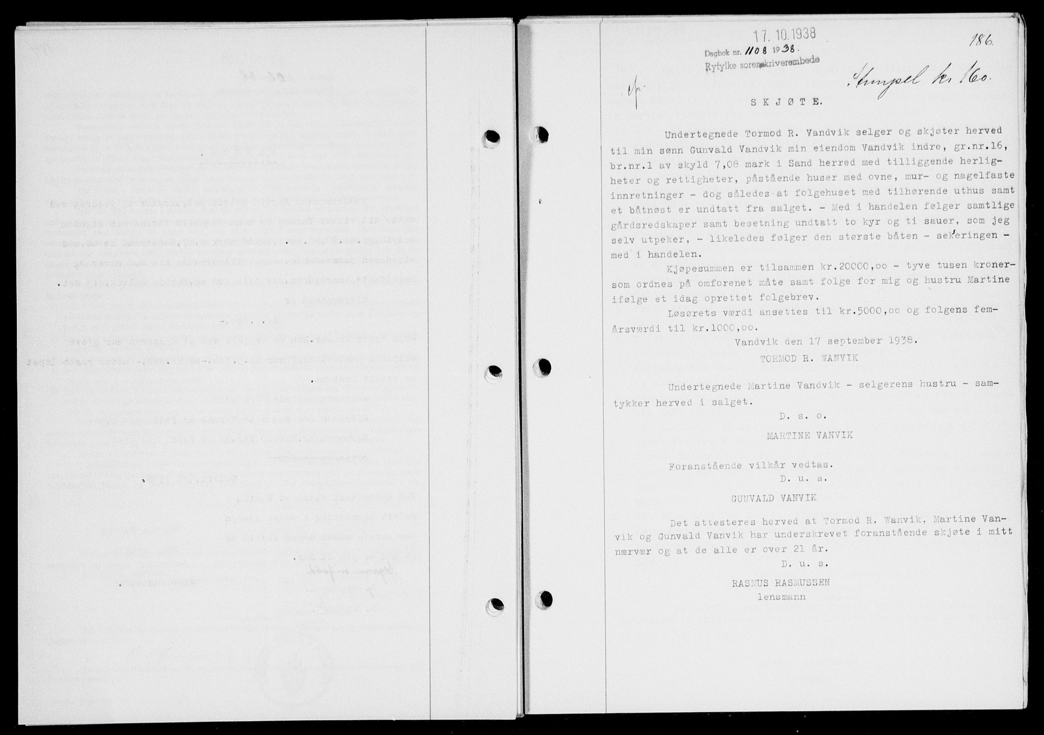 Ryfylke tingrett, SAST/A-100055/001/II/IIB/L0078: Mortgage book no. 57, 1938-1938, Diary no: : 1108/1938